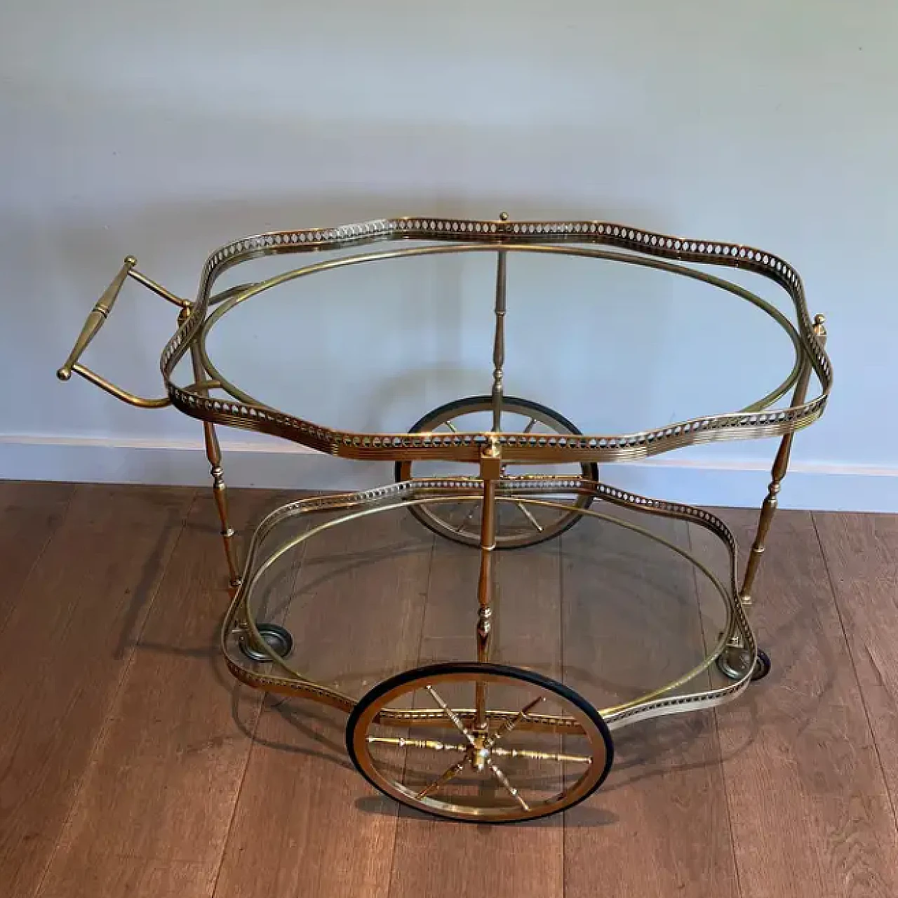 Oval brass car cart with two glass shelves, 1940s 2