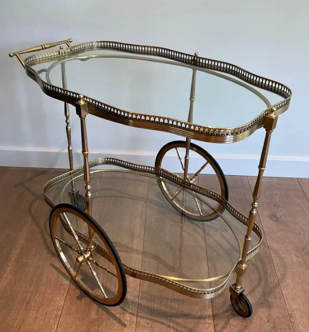 Oval brass car cart with two glass shelves, 1940s 3