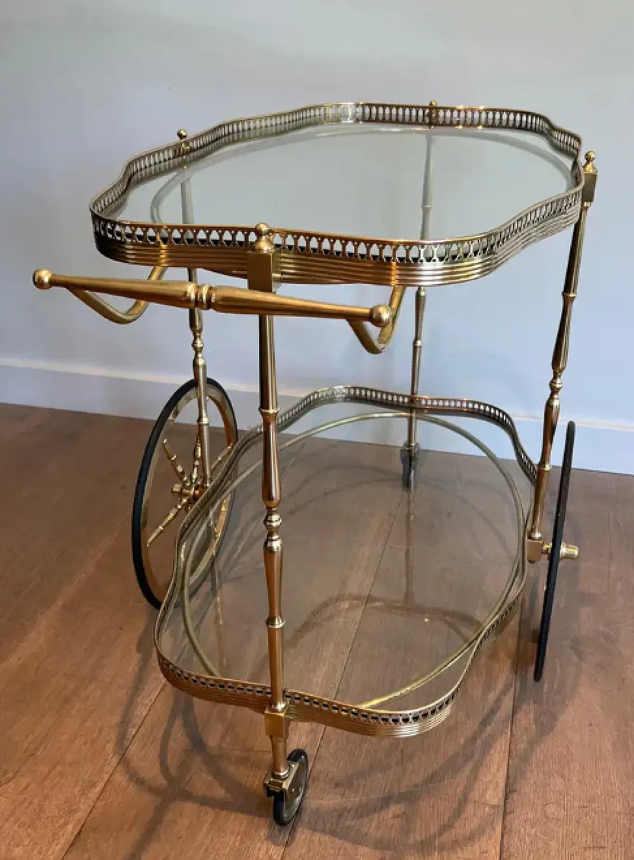 Oval brass car cart with two glass shelves, 1940s 4