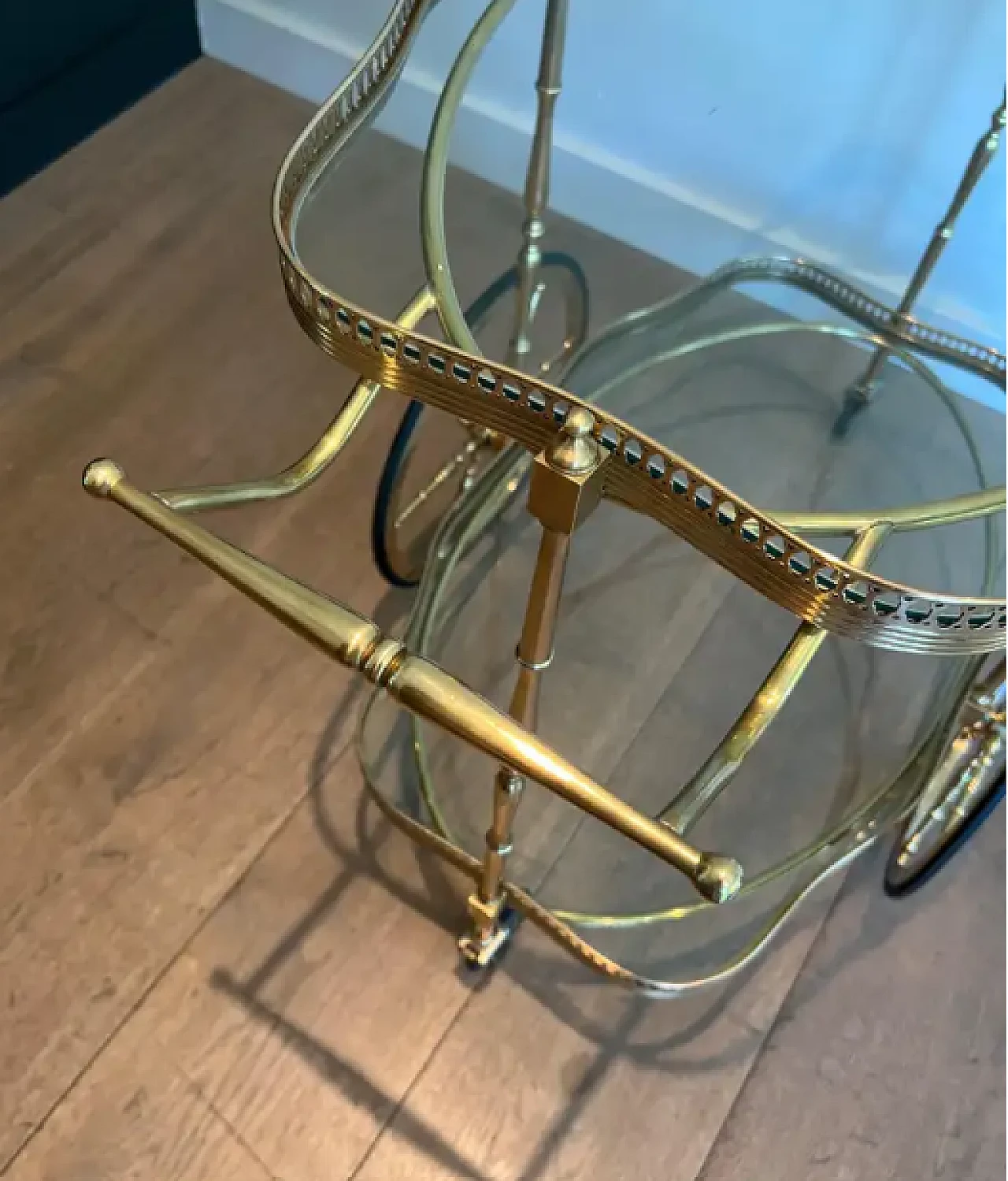 Oval brass car cart with two glass shelves, 1940s 5