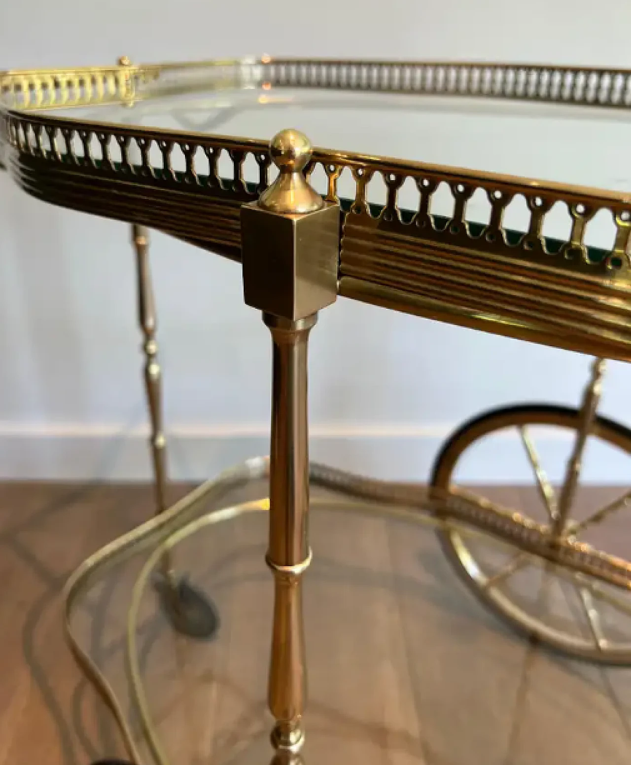 Oval brass car cart with two glass shelves, 1940s 7