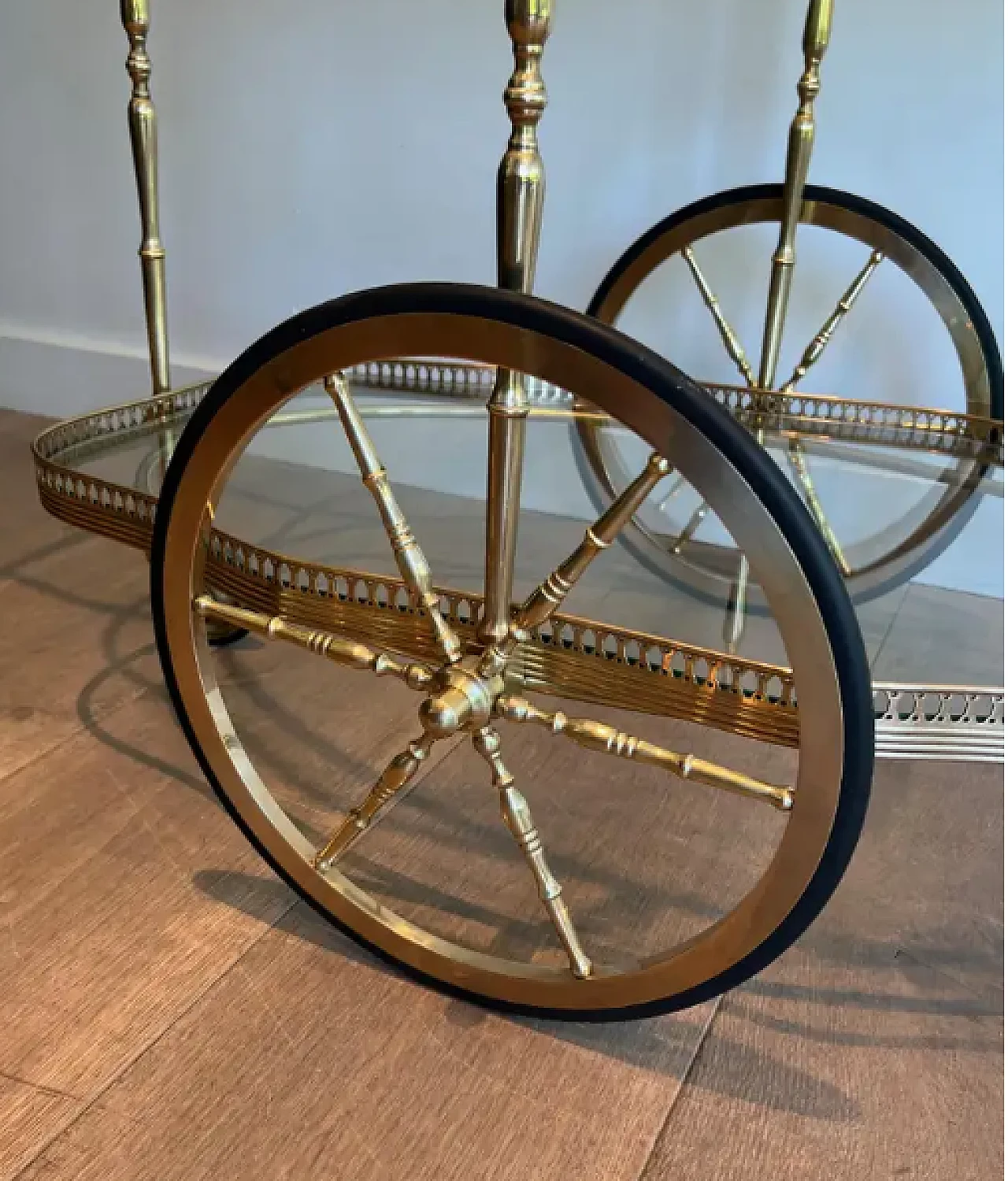 Oval brass car cart with two glass shelves, 1940s 9