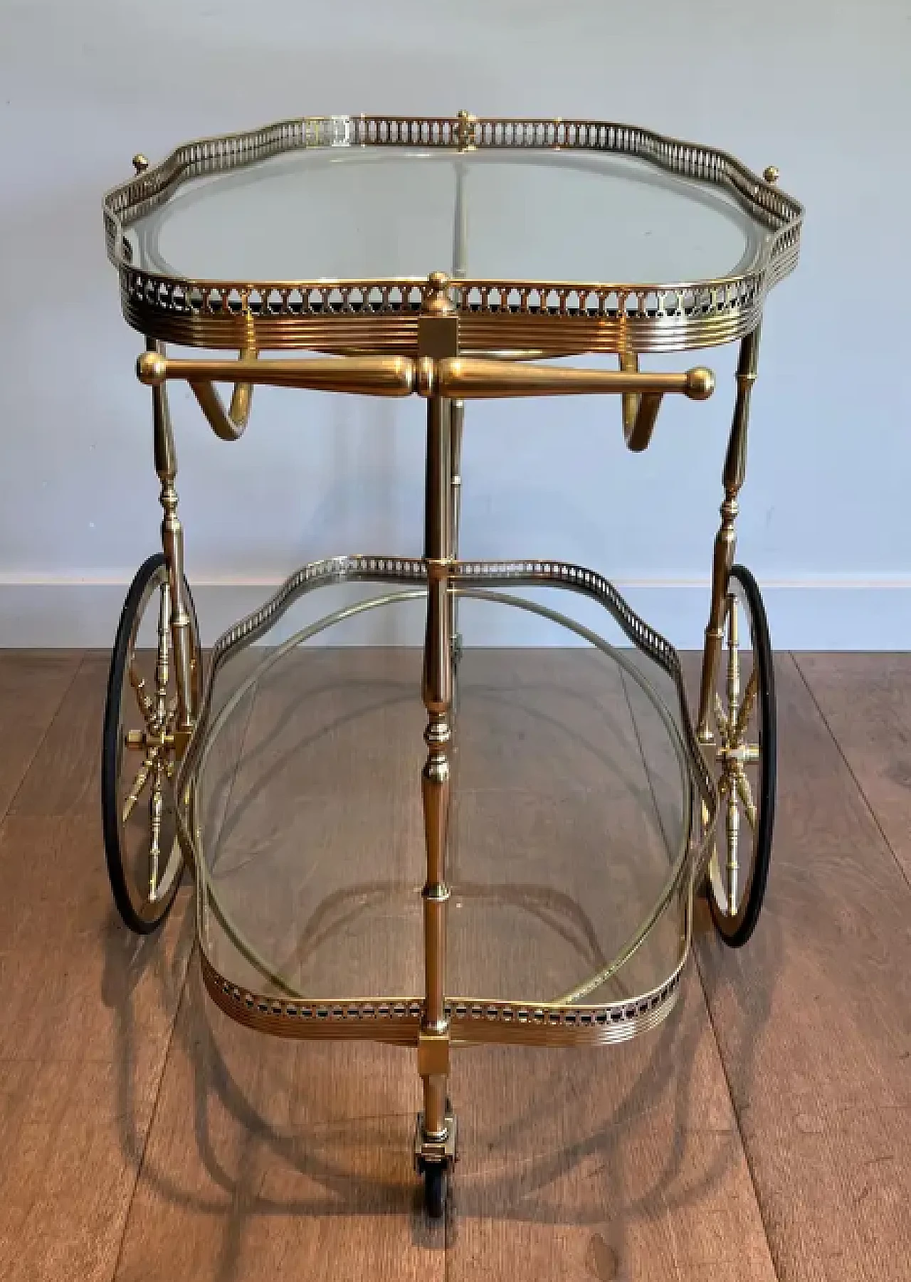 Oval brass car cart with two glass shelves, 1940s 12