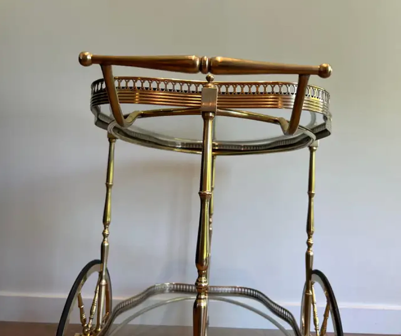 Oval brass car cart with two glass shelves, 1940s 13