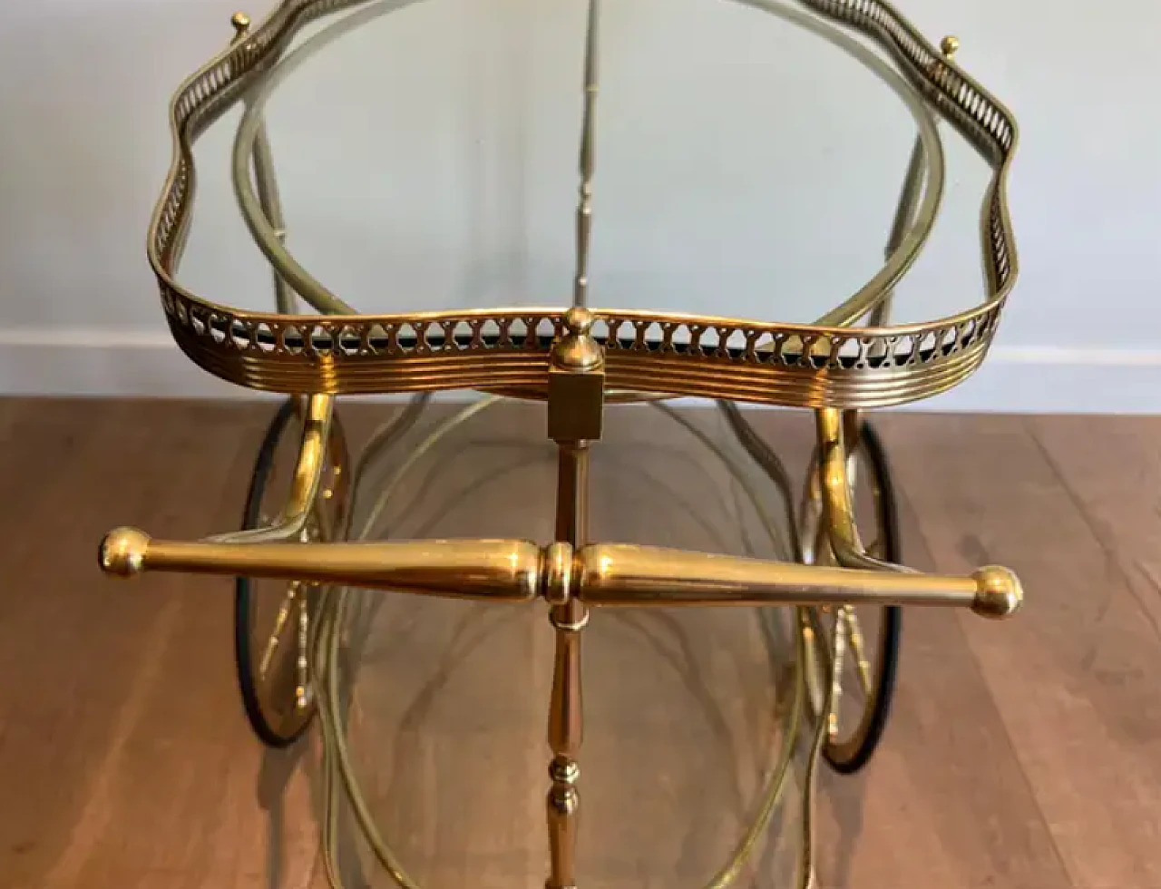 Oval brass car cart with two glass shelves, 1940s 14