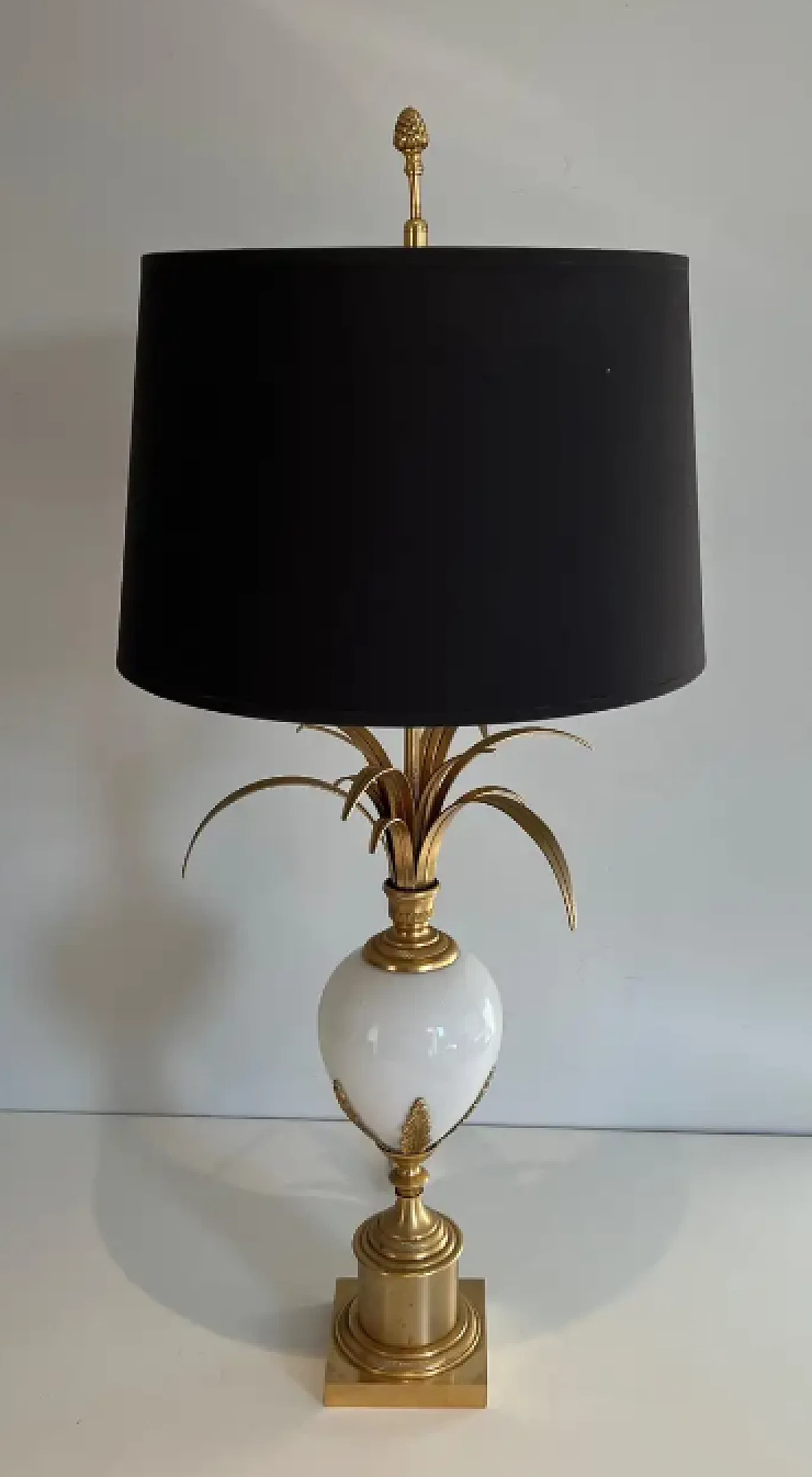 Ostrich egg lamp in gilded nickel and white opaline, 1970s 2