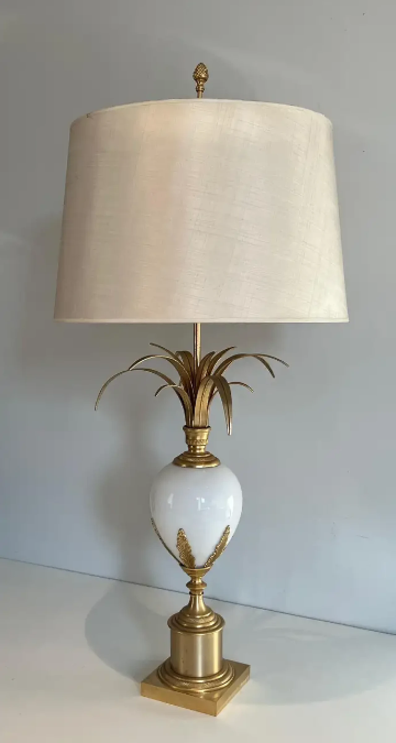 Ostrich egg lamp in gilded nickel and white opaline, 1970s 3