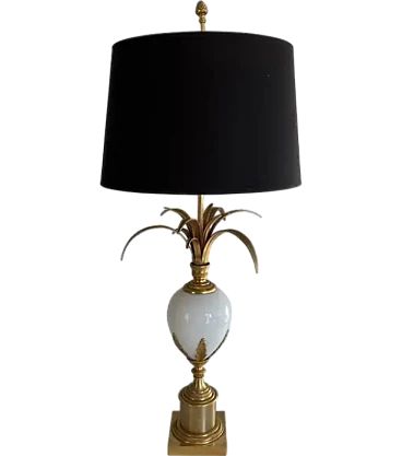 Ostrich egg lamp in gilded nickel and white opaline, 1970s