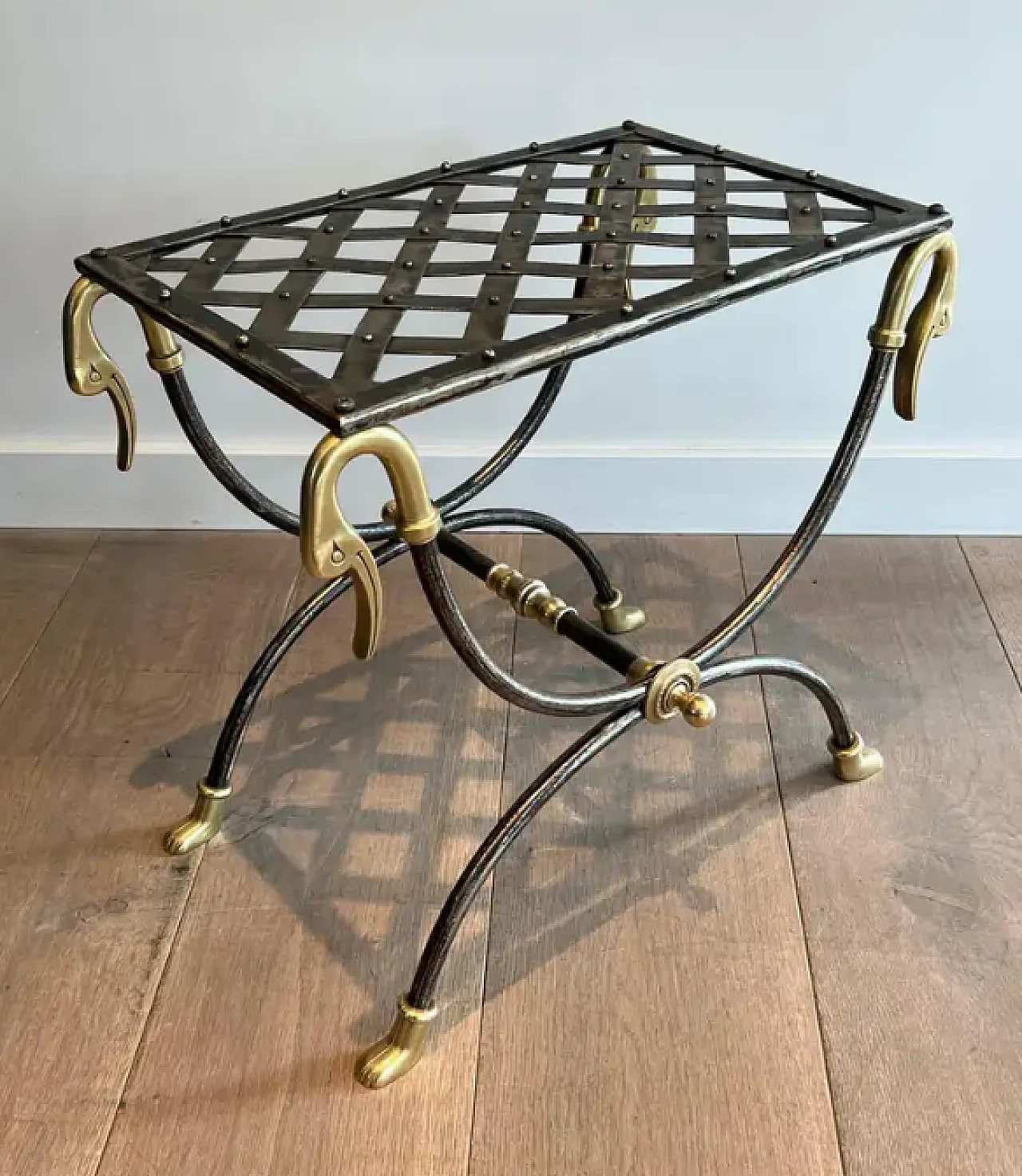 Curule steel and brass stool, 1940s 2