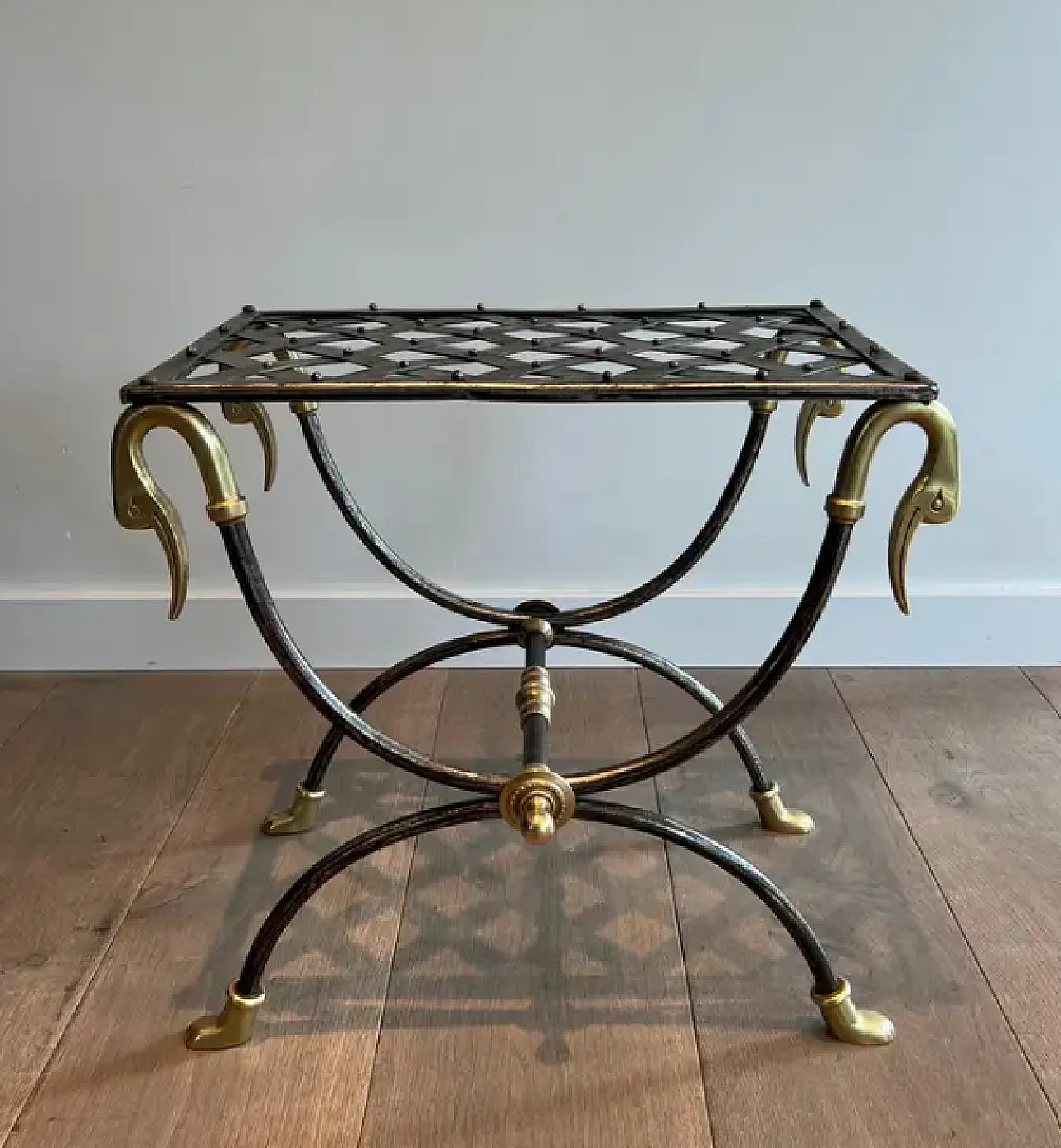 Curule steel and brass stool, 1940s 3