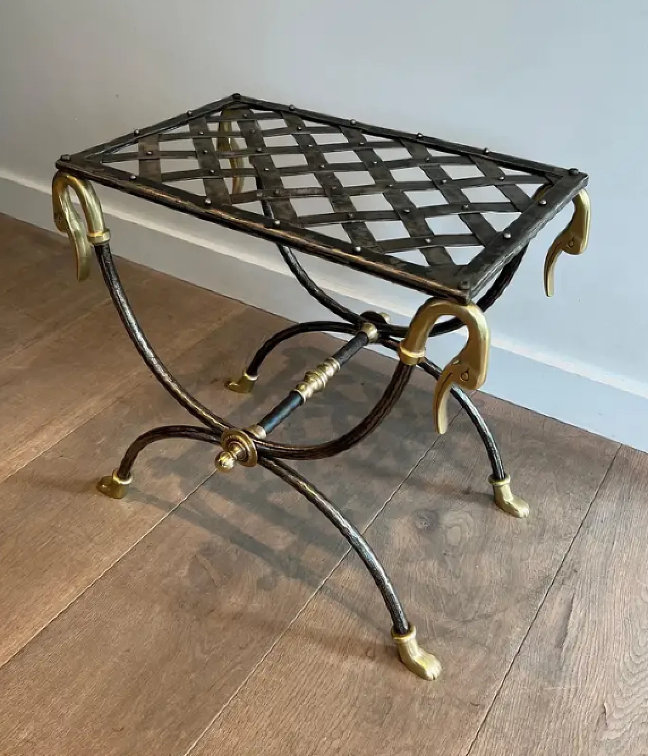 Curule steel and brass stool, 1940s 4