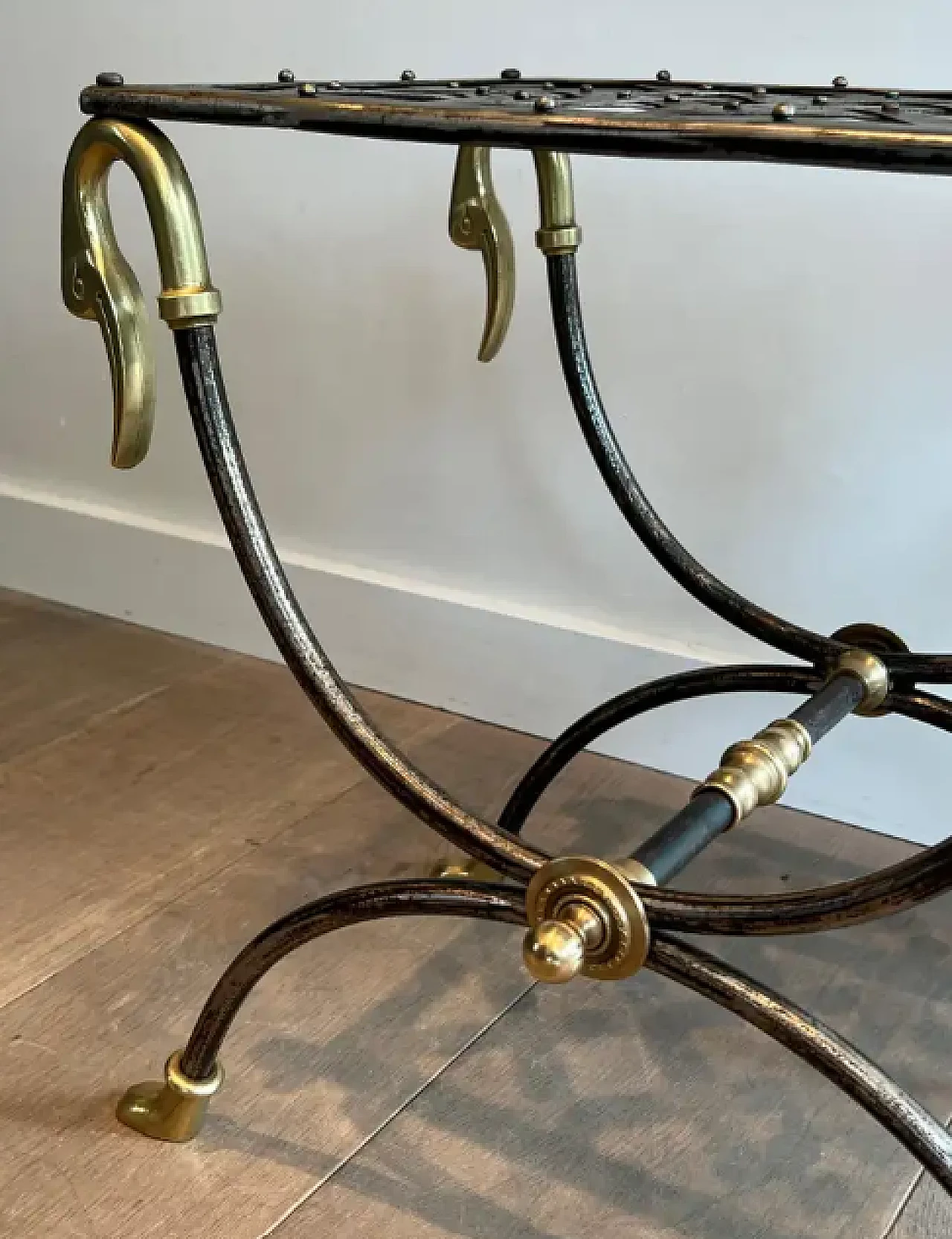 Curule steel and brass stool, 1940s 5