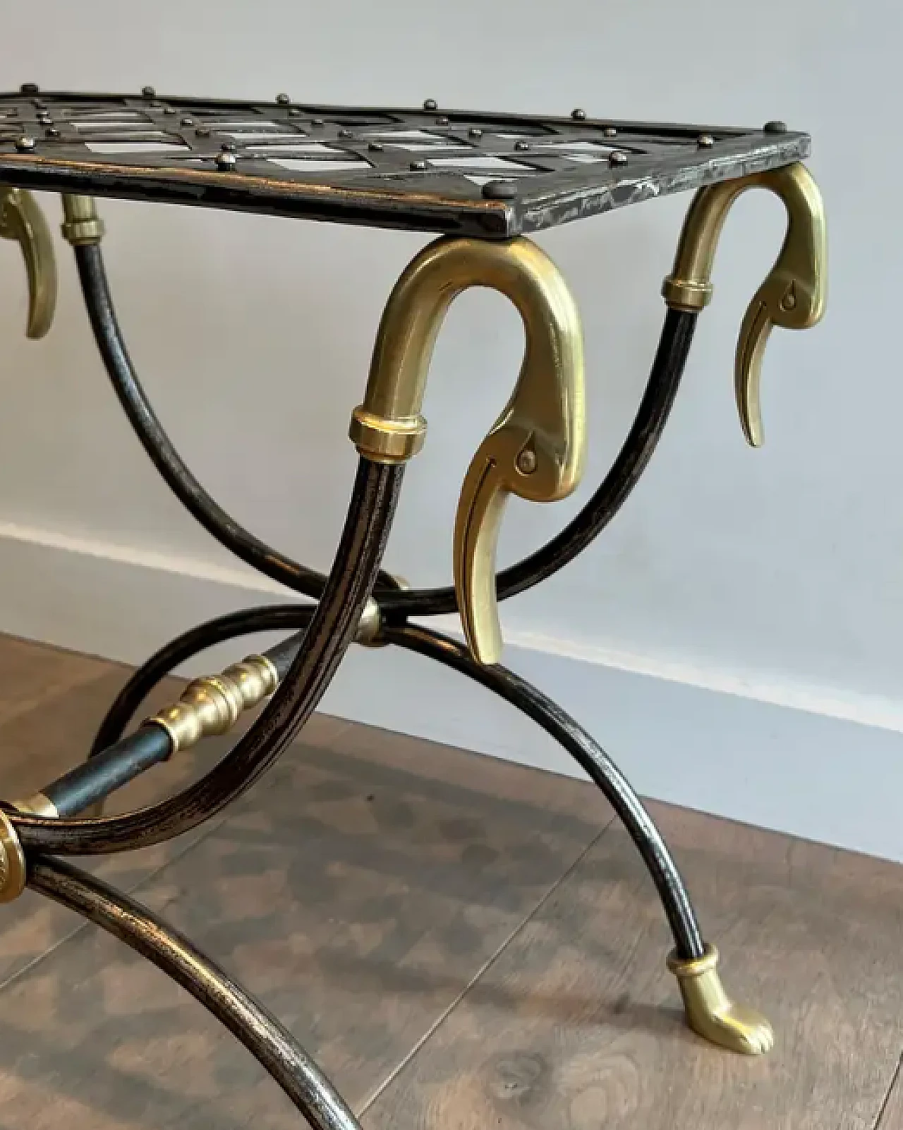 Curule steel and brass stool, 1940s 6