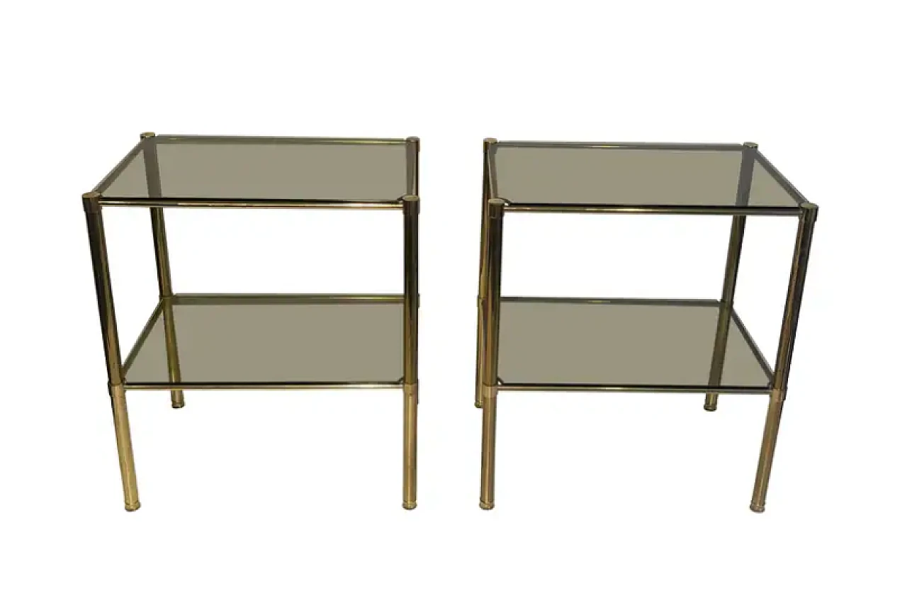 Pair of brass side tables with smoked glass shelves, 1970s 1