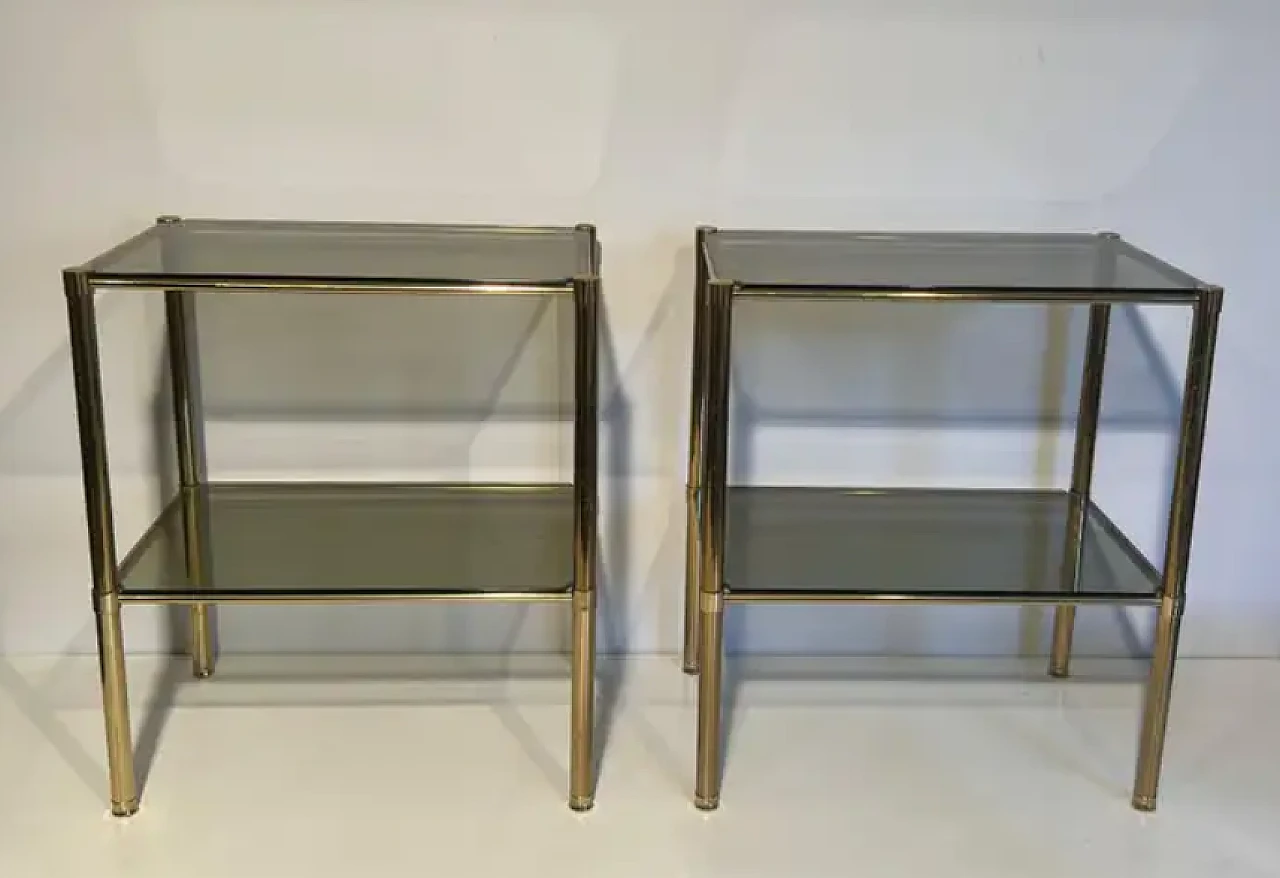 Pair of brass side tables with smoked glass shelves, 1970s 2