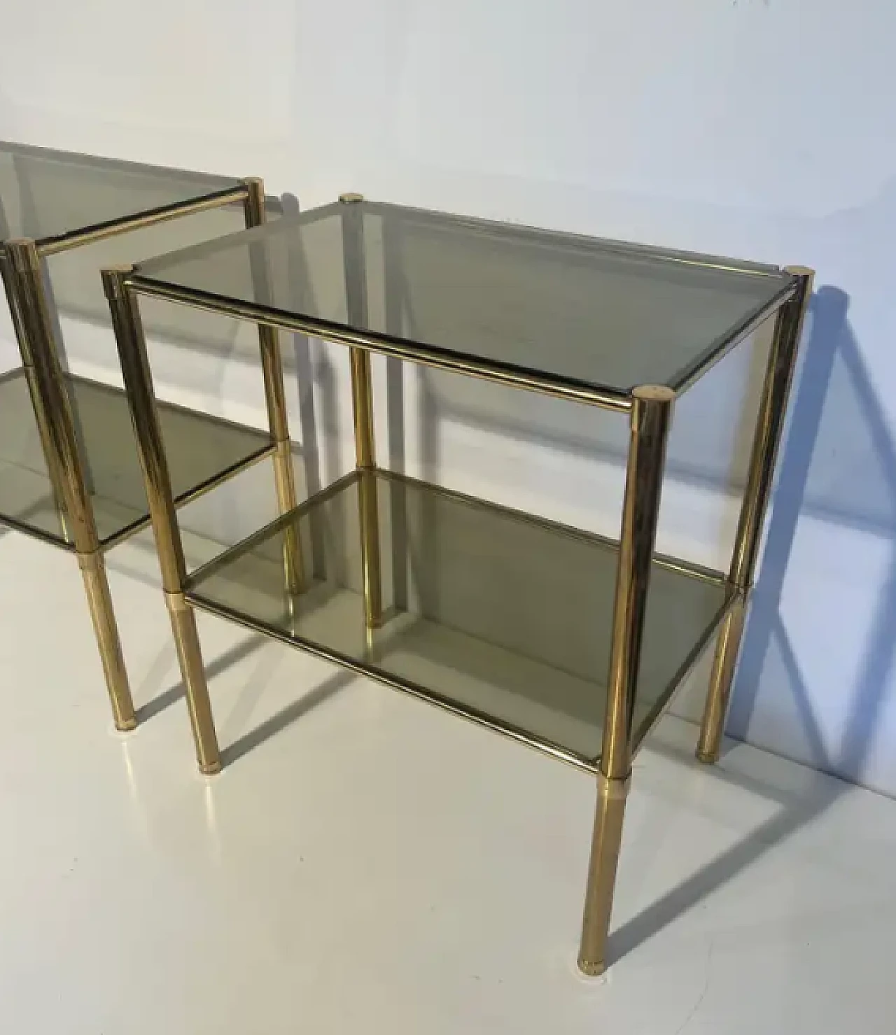 Pair of brass side tables with smoked glass shelves, 1970s 3