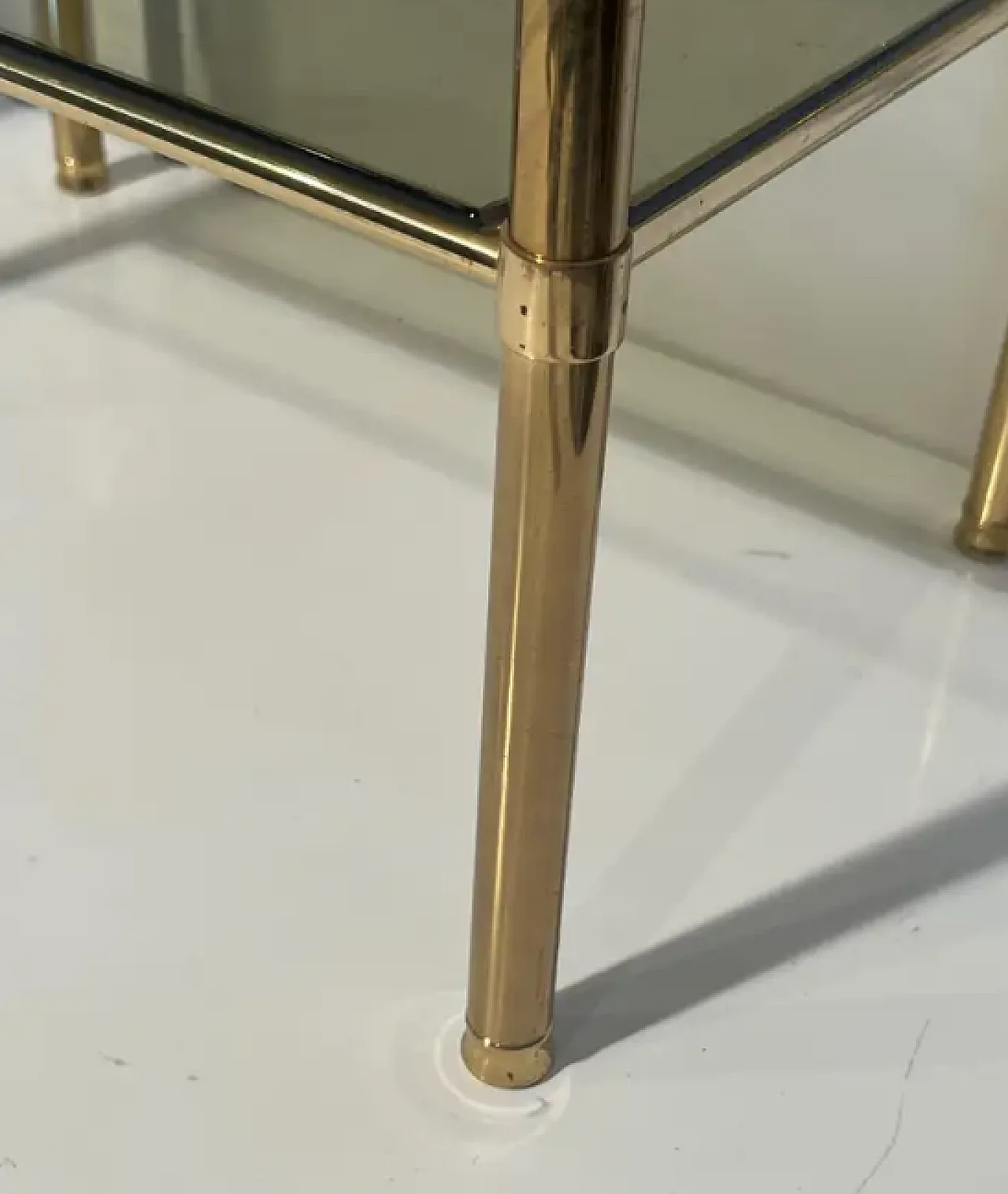 Pair of brass side tables with smoked glass shelves, 1970s 5