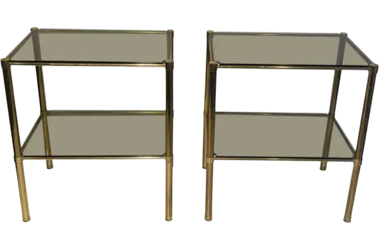 Pair of brass side tables with smoked glass shelves, 1970s 7