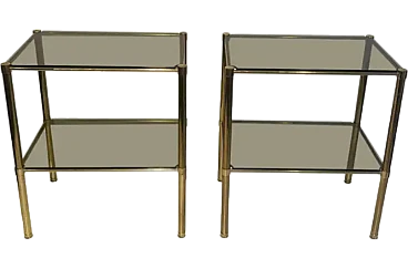 Pair of brass side tables with smoked glass shelves, 1970s