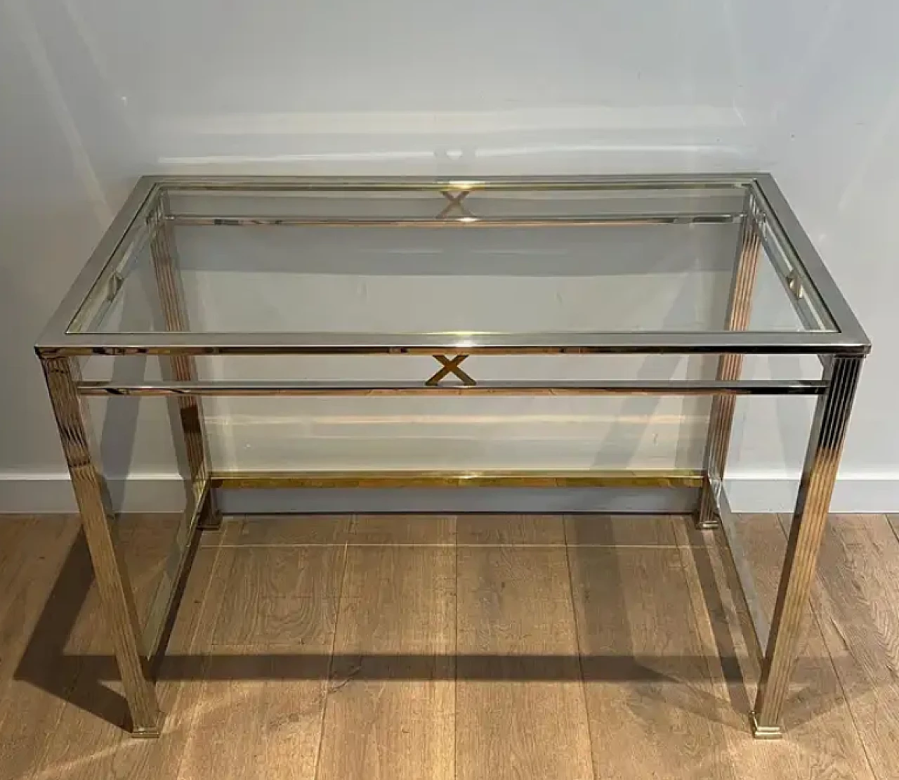 Neoclassical style chrome and brass desk, 1970s 2