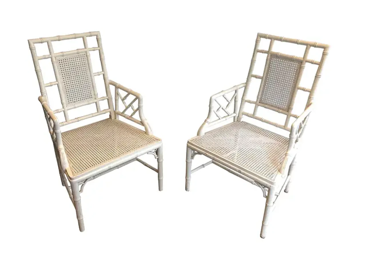 Pair of white lacquered wood faux-bamboo armchairs, 1970s 1