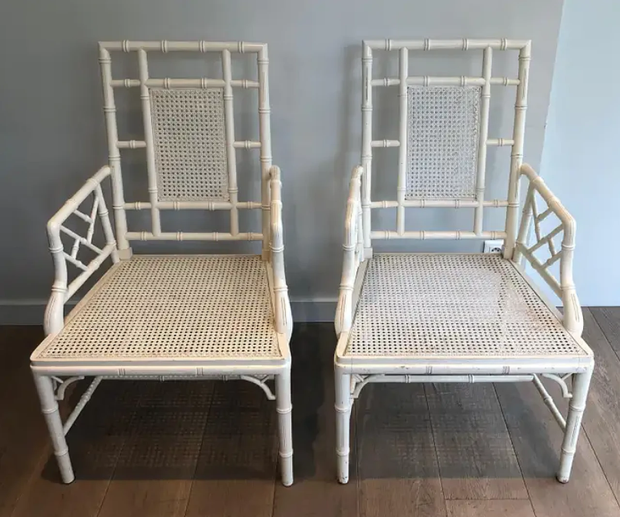 Pair of white lacquered wood faux-bamboo armchairs, 1970s 2