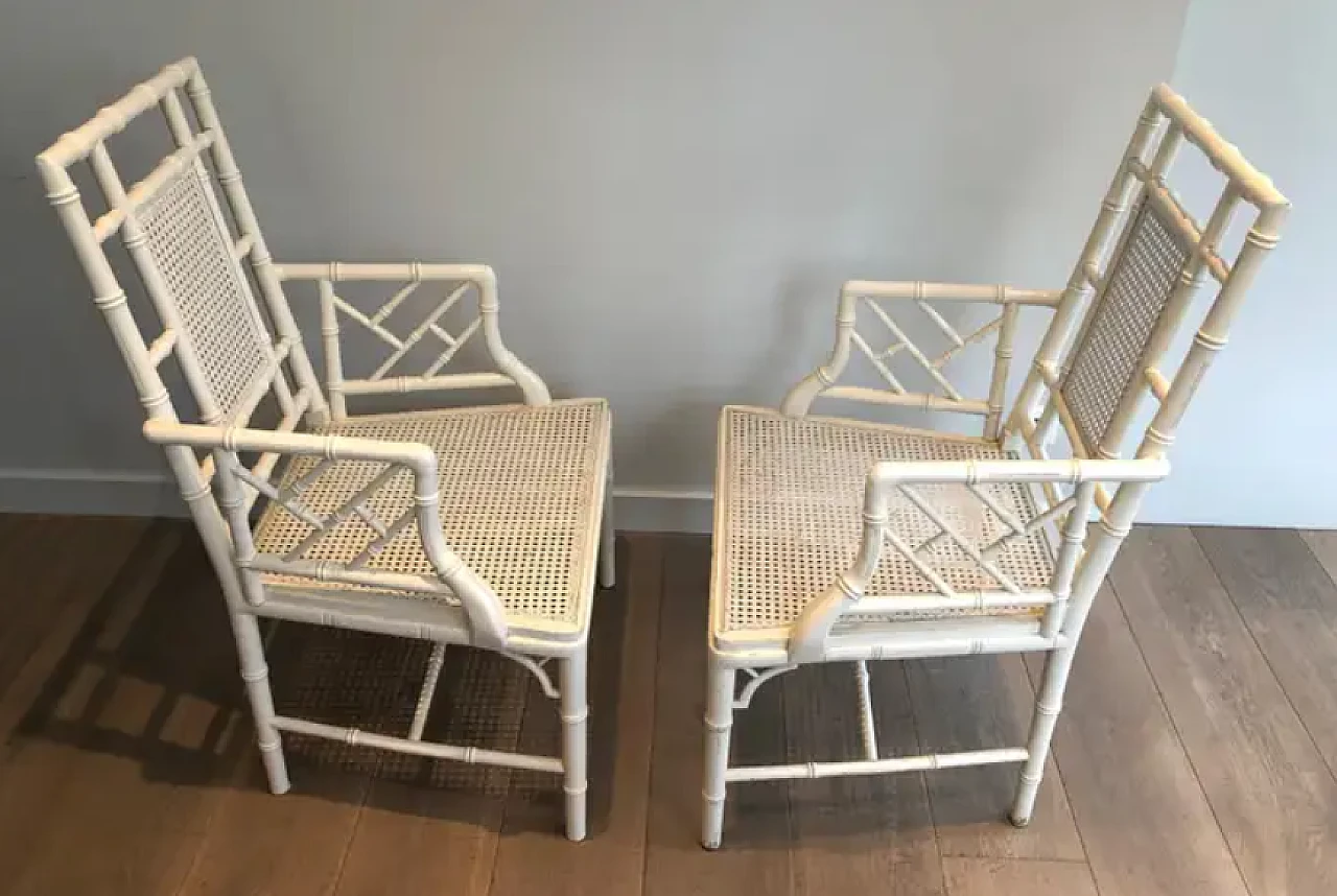 Pair of white lacquered wood faux-bamboo armchairs, 1970s 3