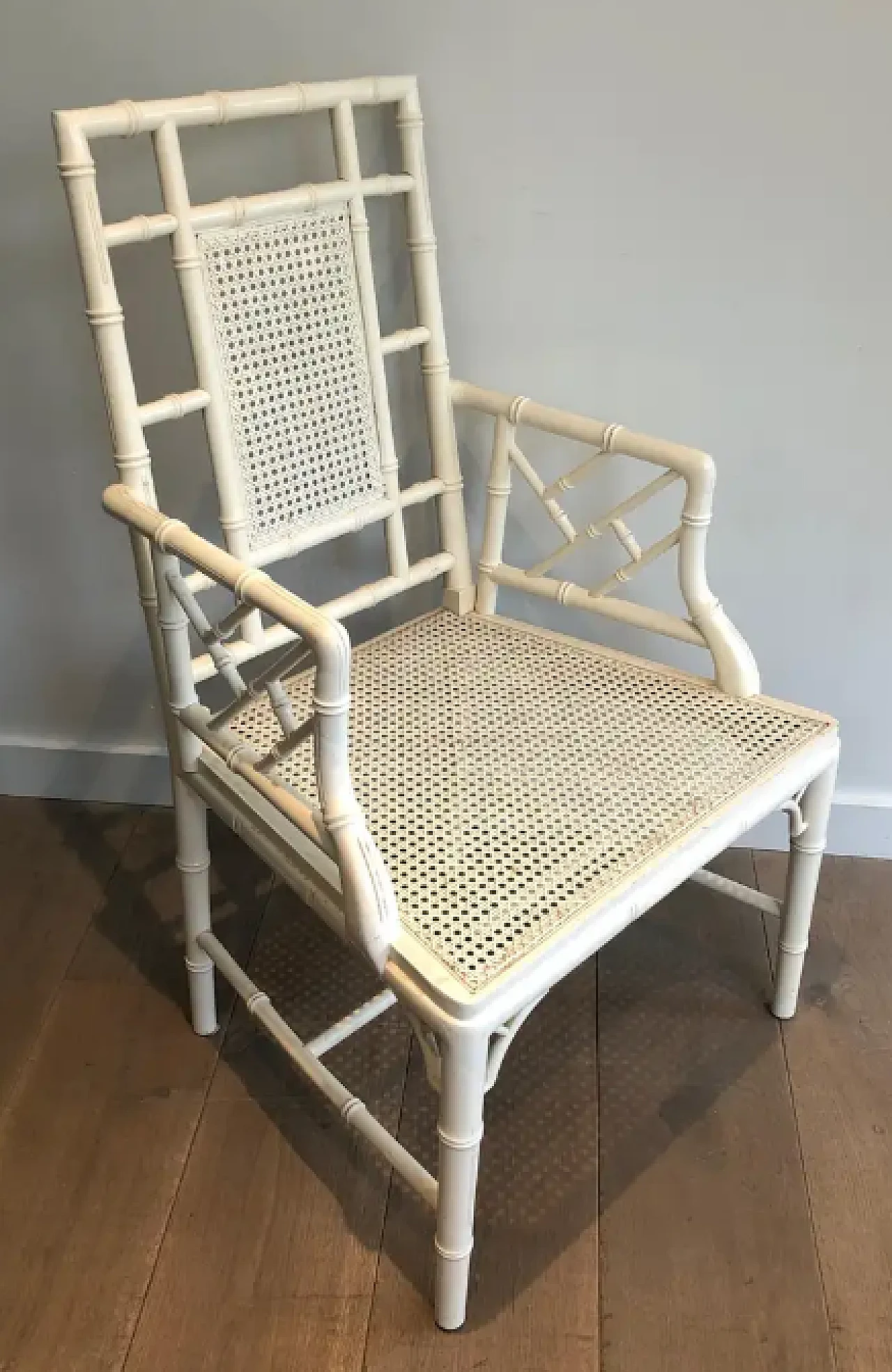 Pair of white lacquered wood faux-bamboo armchairs, 1970s 4