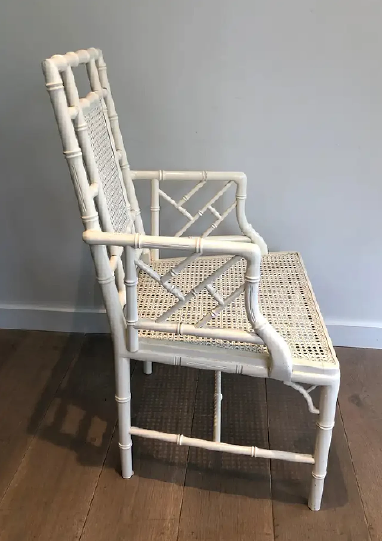 Pair of white lacquered wood faux-bamboo armchairs, 1970s 5