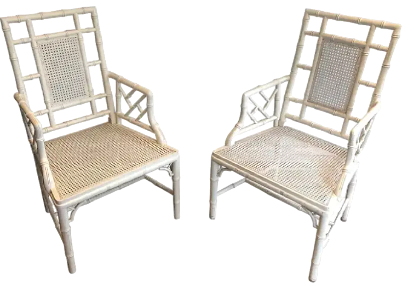 Pair of white lacquered wood faux-bamboo armchairs, 1970s 12