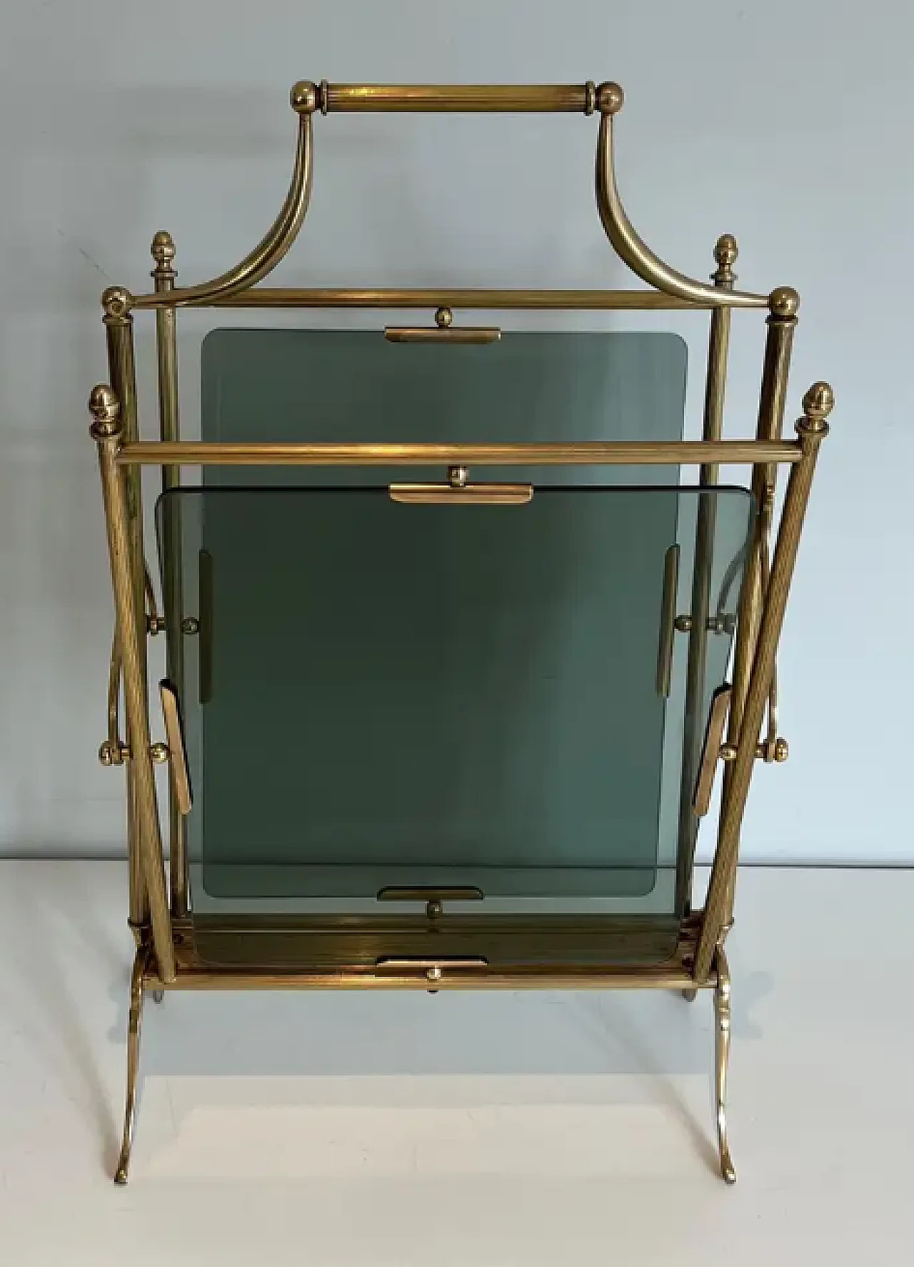 Brass and blueish glass magazine rack by Maison Jansen, 1940s 2