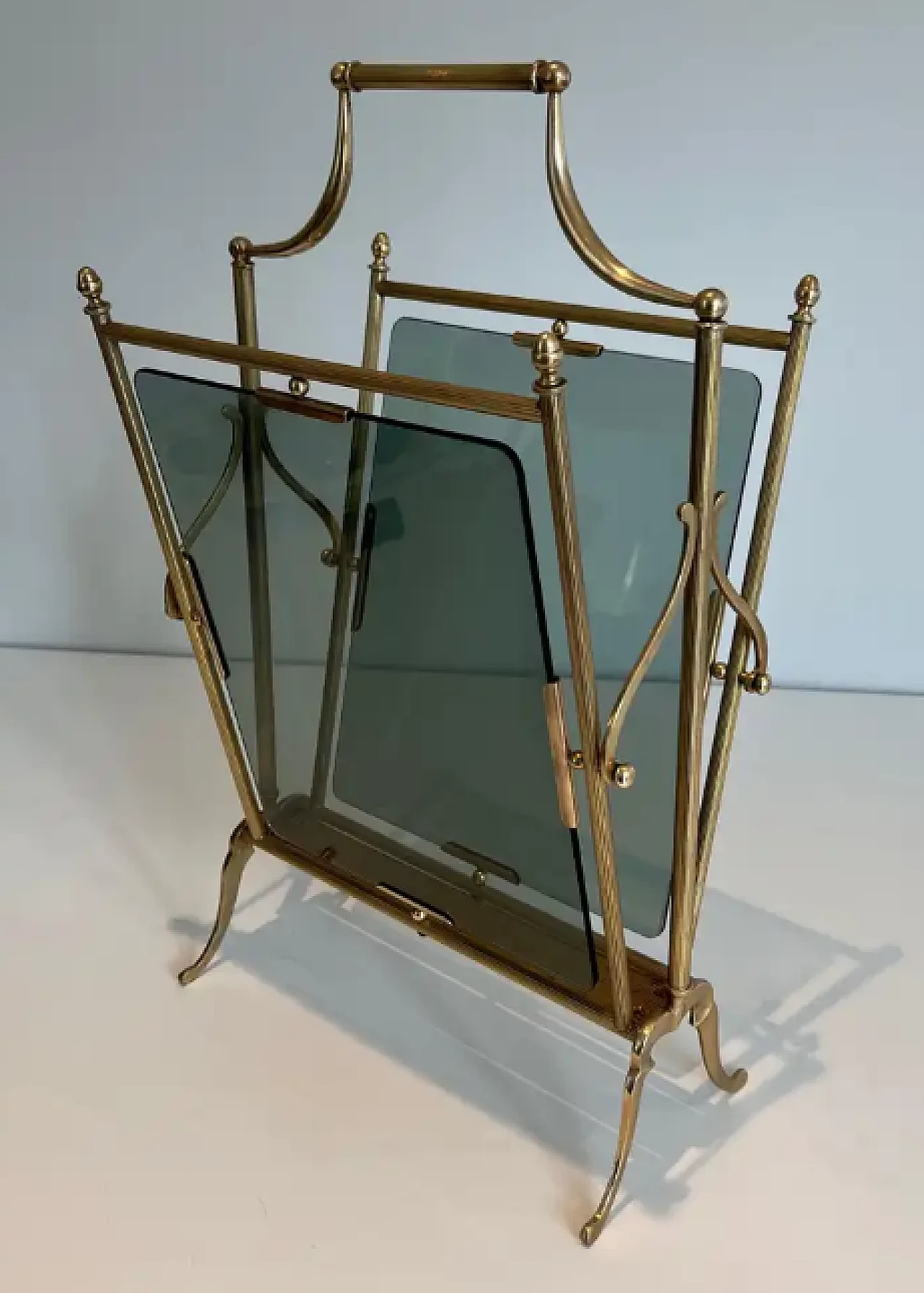 Brass and blueish glass magazine rack by Maison Jansen, 1940s 3