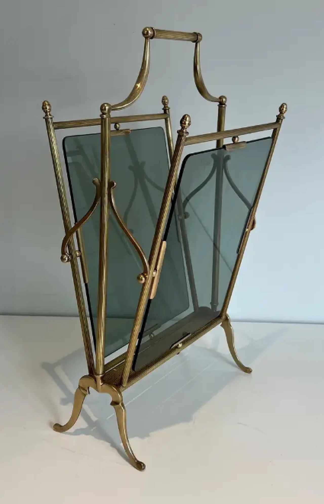 Brass and blueish glass magazine rack by Maison Jansen, 1940s 4