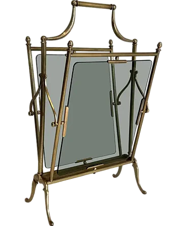 Brass and blueish glass magazine rack by Maison Jansen, 1940s