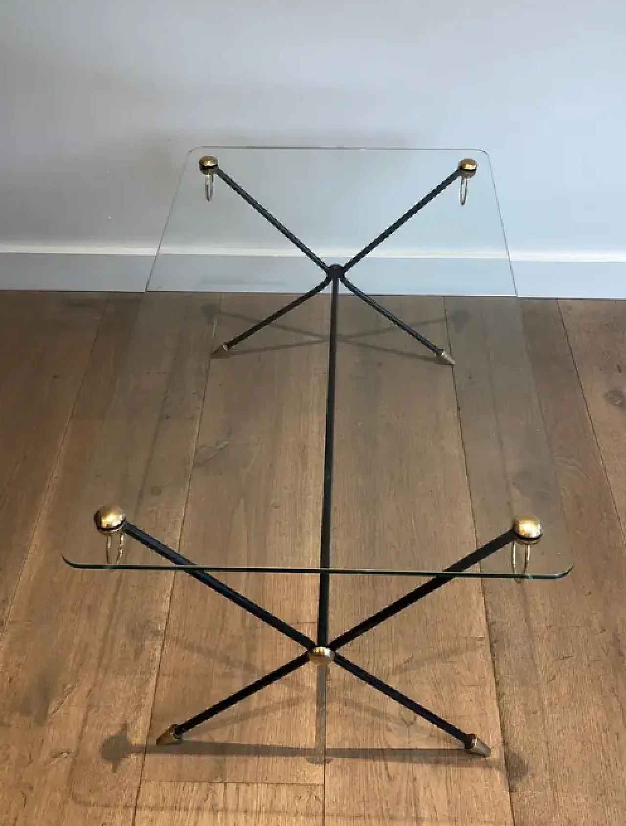 Lacquered metal, brass and glass coffee table by Jacques Adnet, 1950s 4