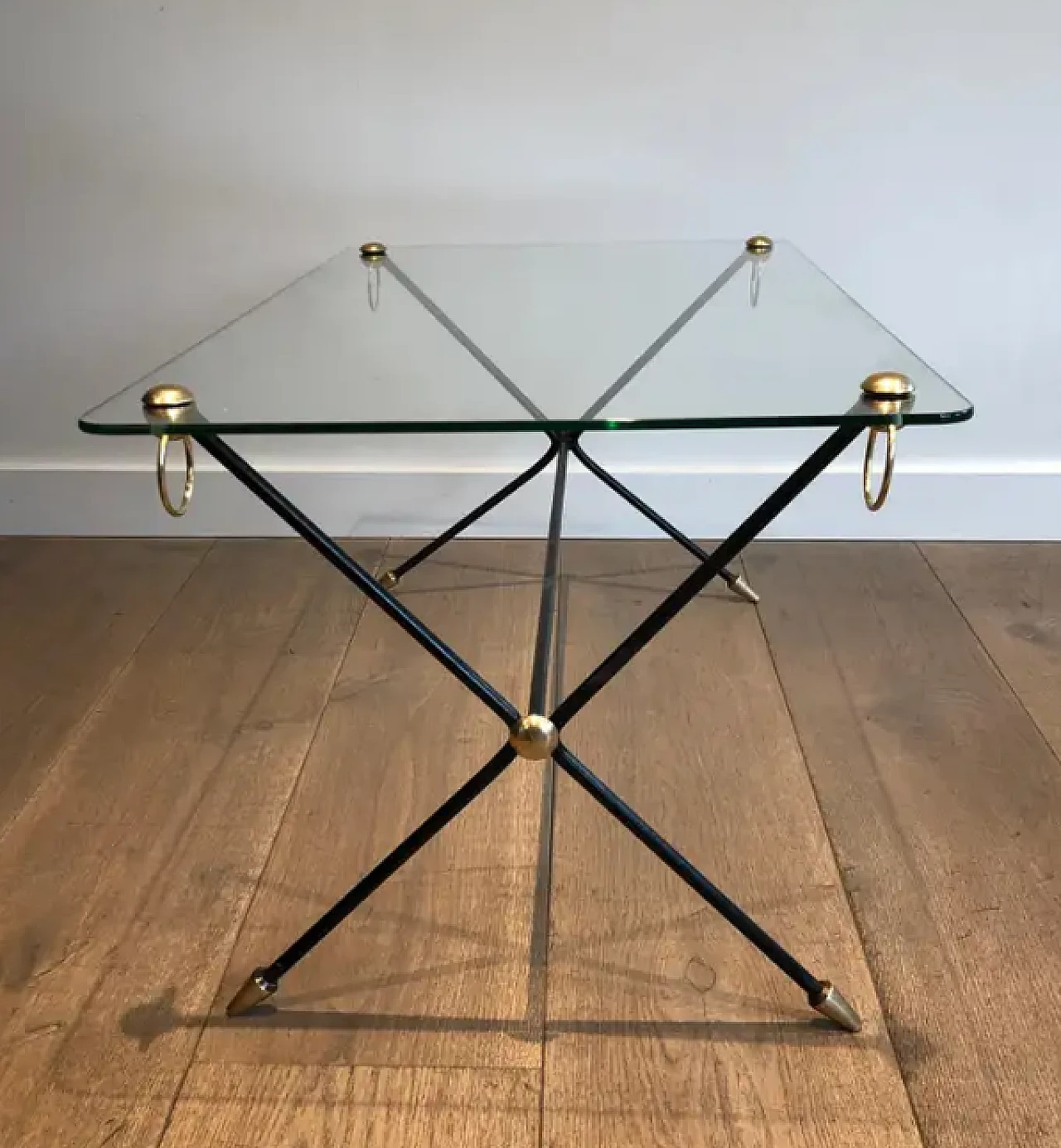 Lacquered metal, brass and glass coffee table by Jacques Adnet, 1950s 5