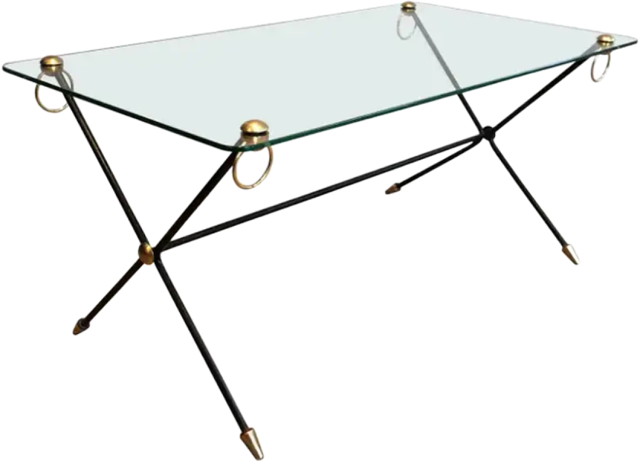 Lacquered metal, brass and glass coffee table by Jacques Adnet, 1950s 12