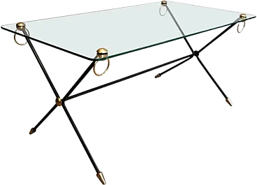 Lacquered metal, brass and glass coffee table by Jacques Adnet, 1950s