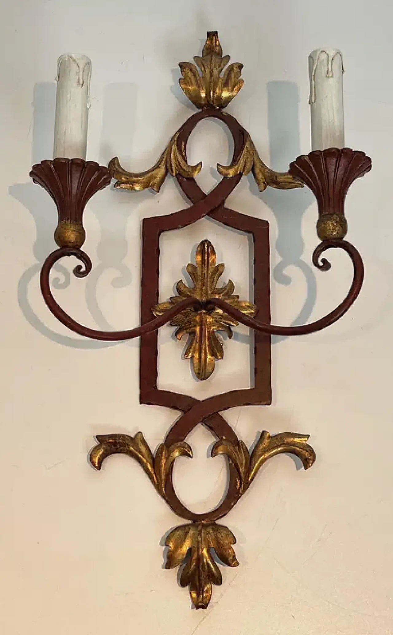 Pair of wrought iron and patinated wood wall sconces, 1940s 2