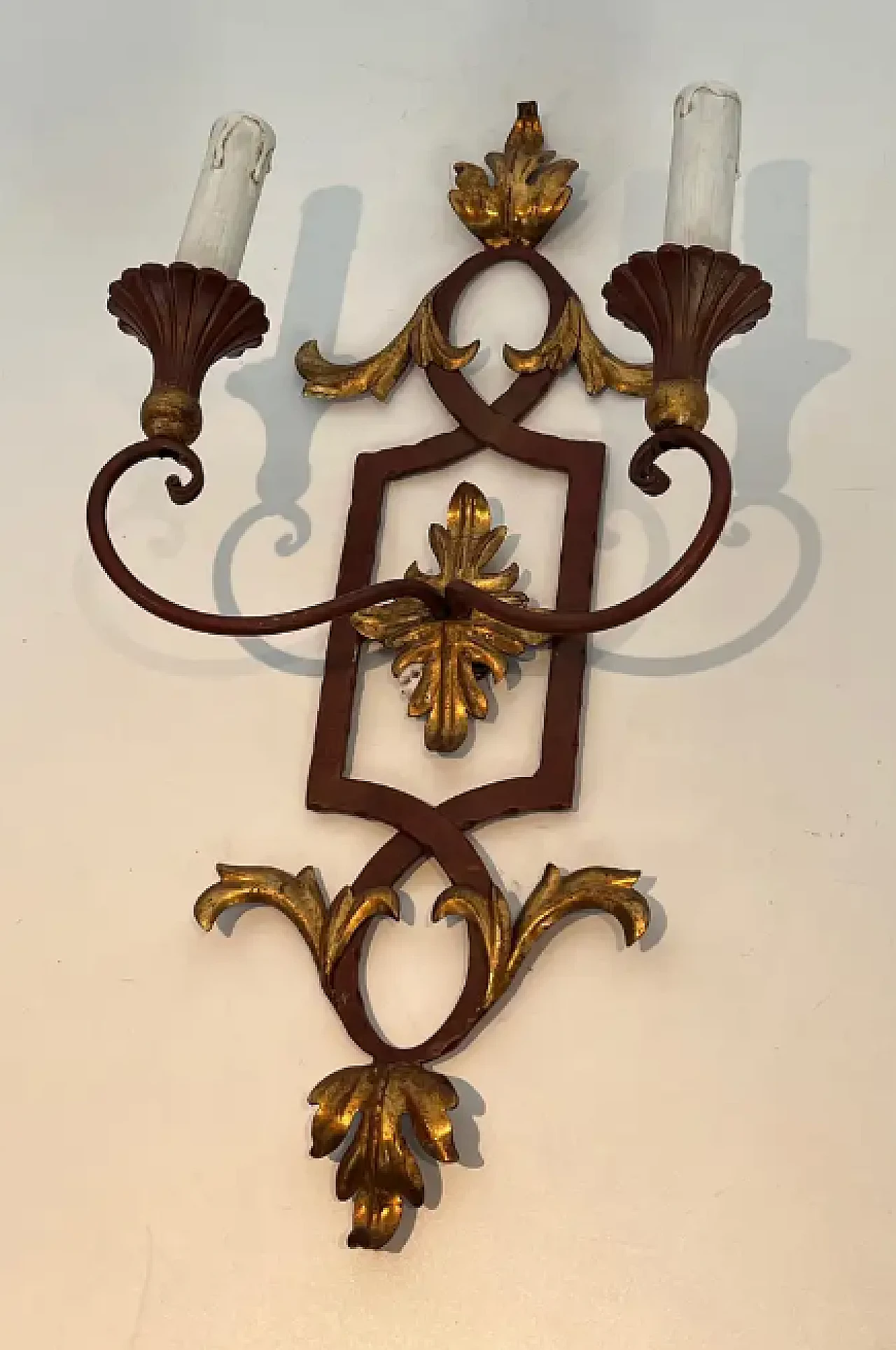 Pair of wrought iron and patinated wood wall sconces, 1940s 3