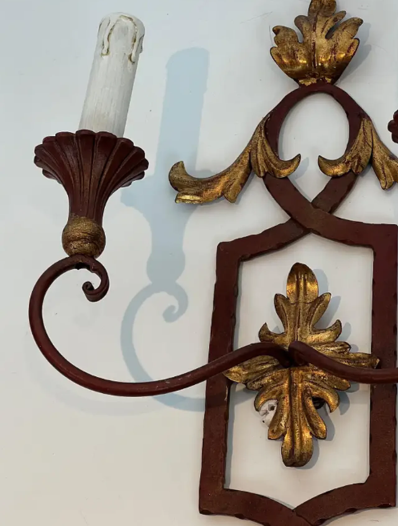 Pair of wrought iron and patinated wood wall sconces, 1940s 4