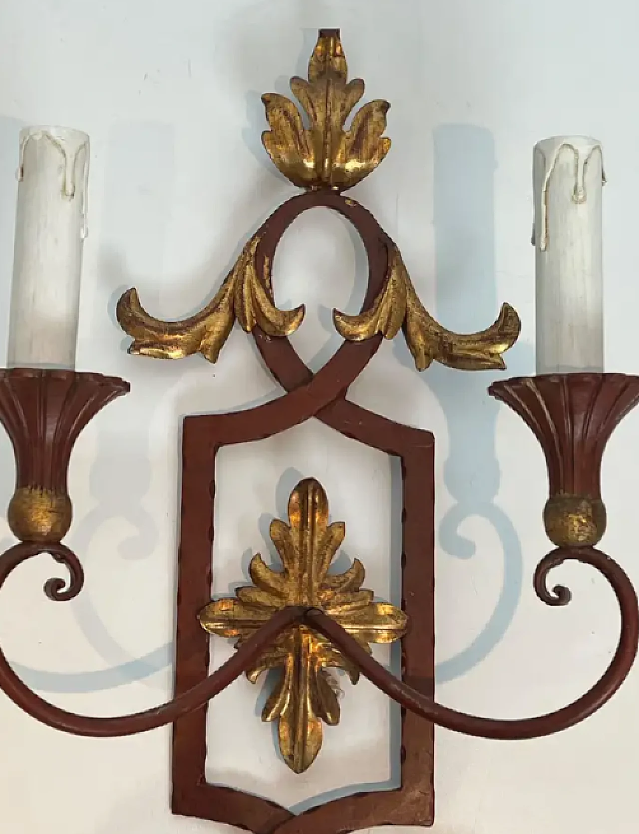 Pair of wrought iron and patinated wood wall sconces, 1940s 5