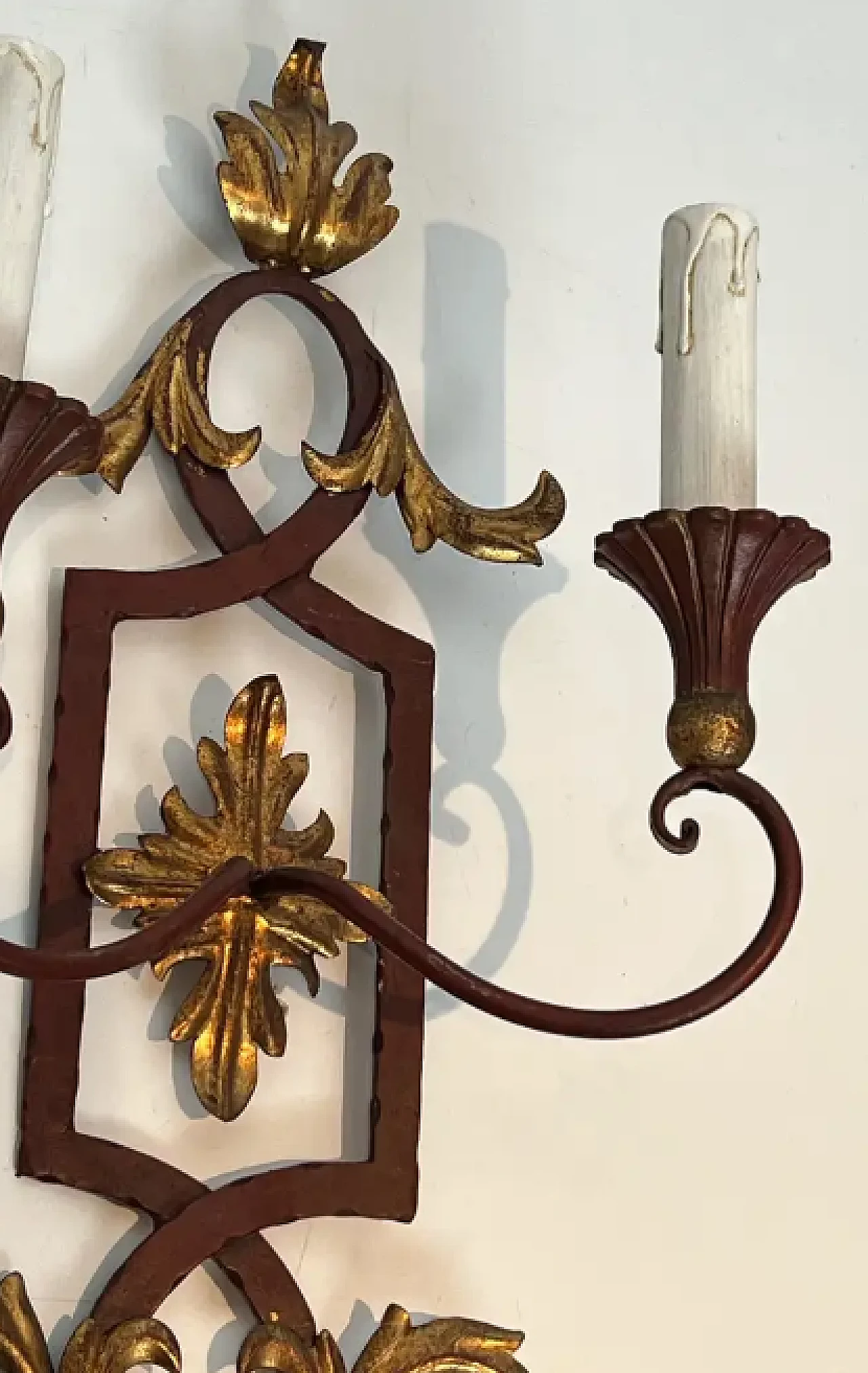 Pair of wrought iron and patinated wood wall sconces, 1940s 6