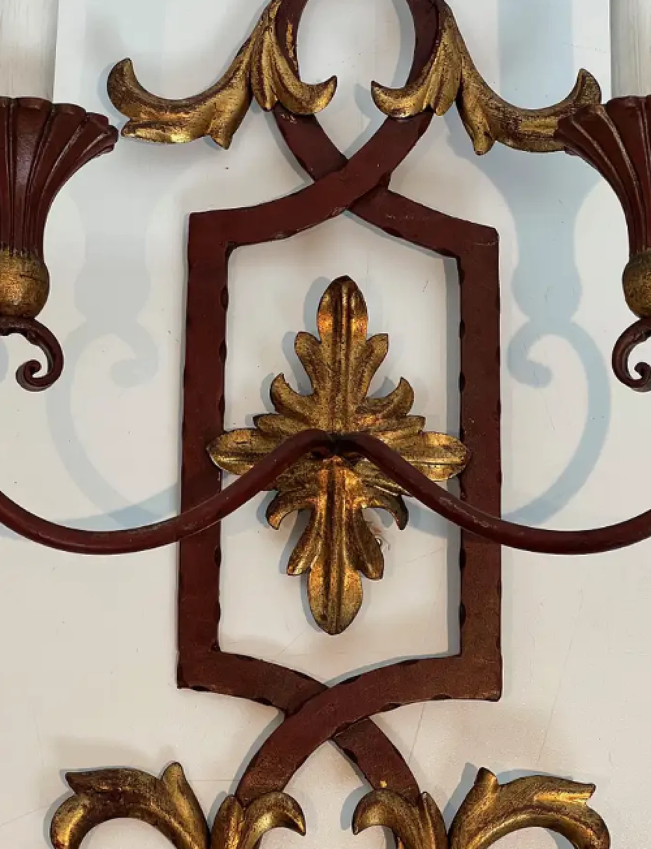 Pair of wrought iron and patinated wood wall sconces, 1940s 7