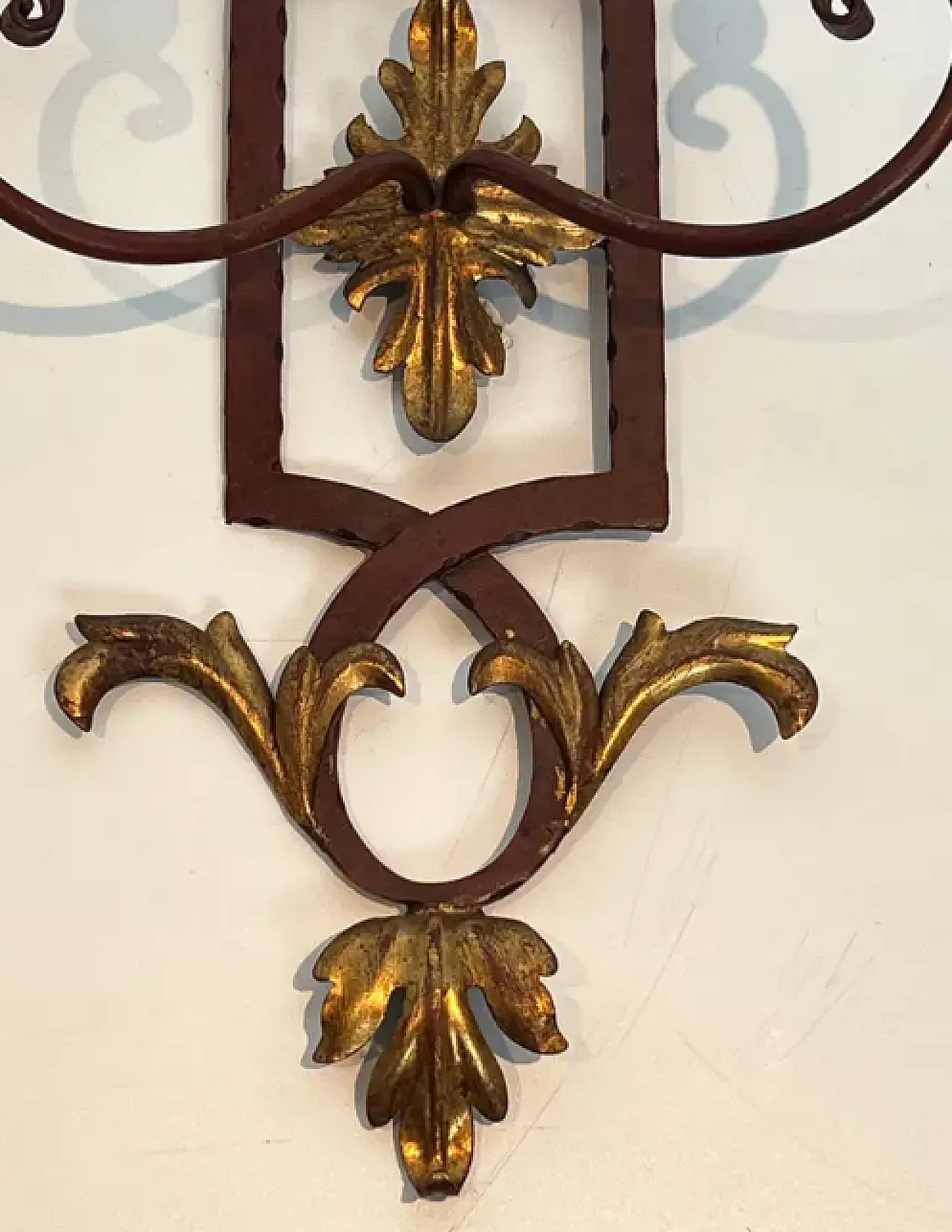 Pair of wrought iron and patinated wood wall sconces, 1940s 8