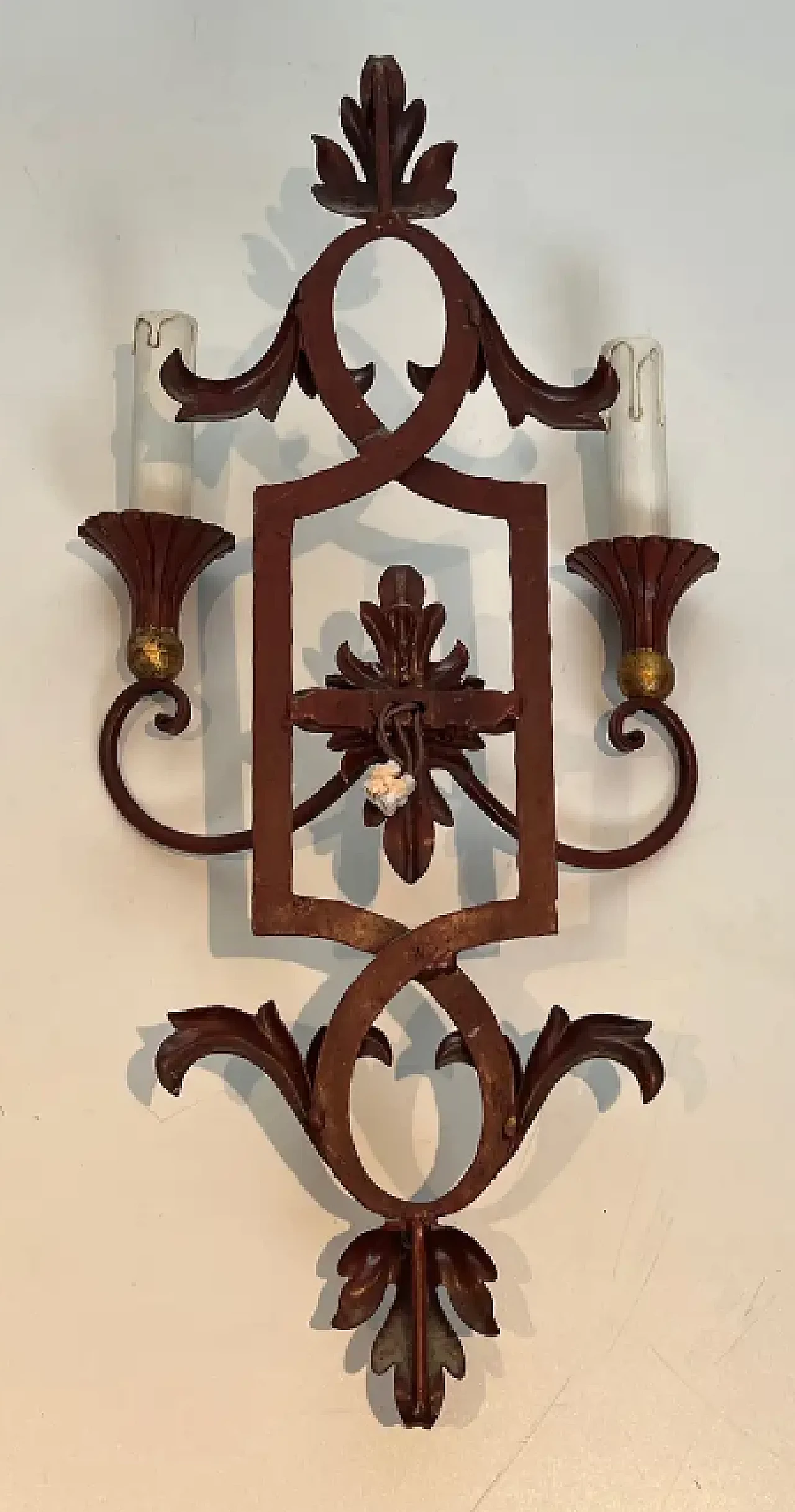 Pair of wrought iron and patinated wood wall sconces, 1940s 9