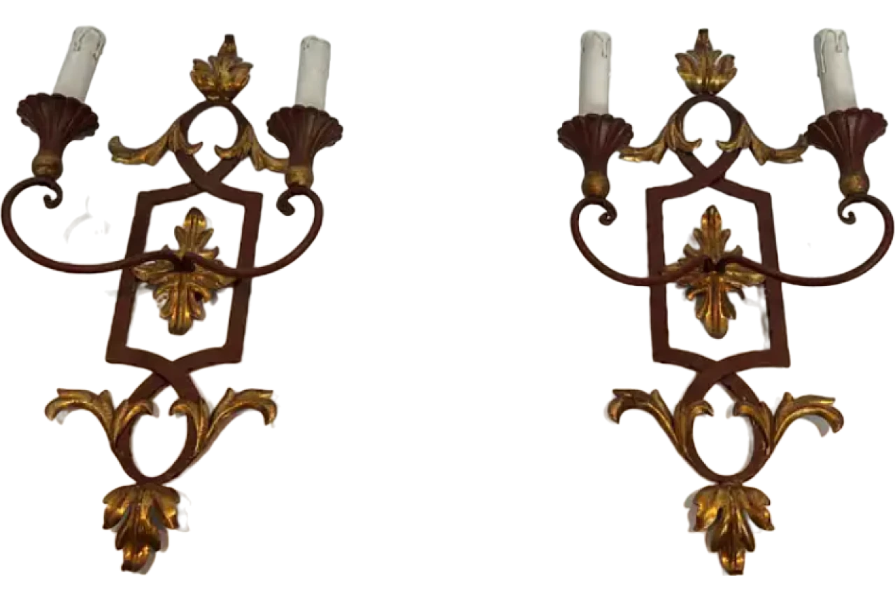 Pair of wrought iron and patinated wood wall sconces, 1940s 10