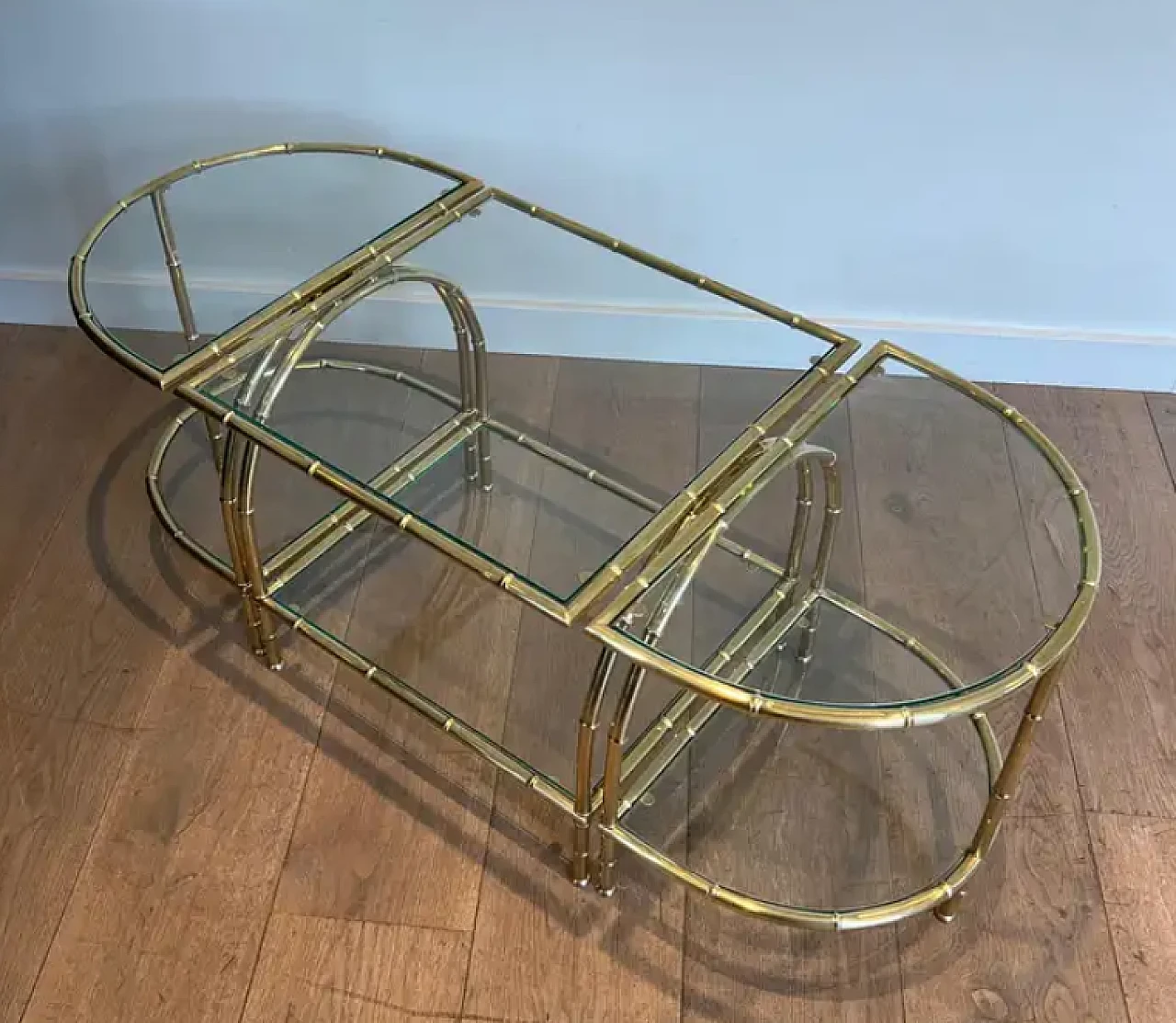 Three-part brass coffee table in imitation bamboo, 1940s 3