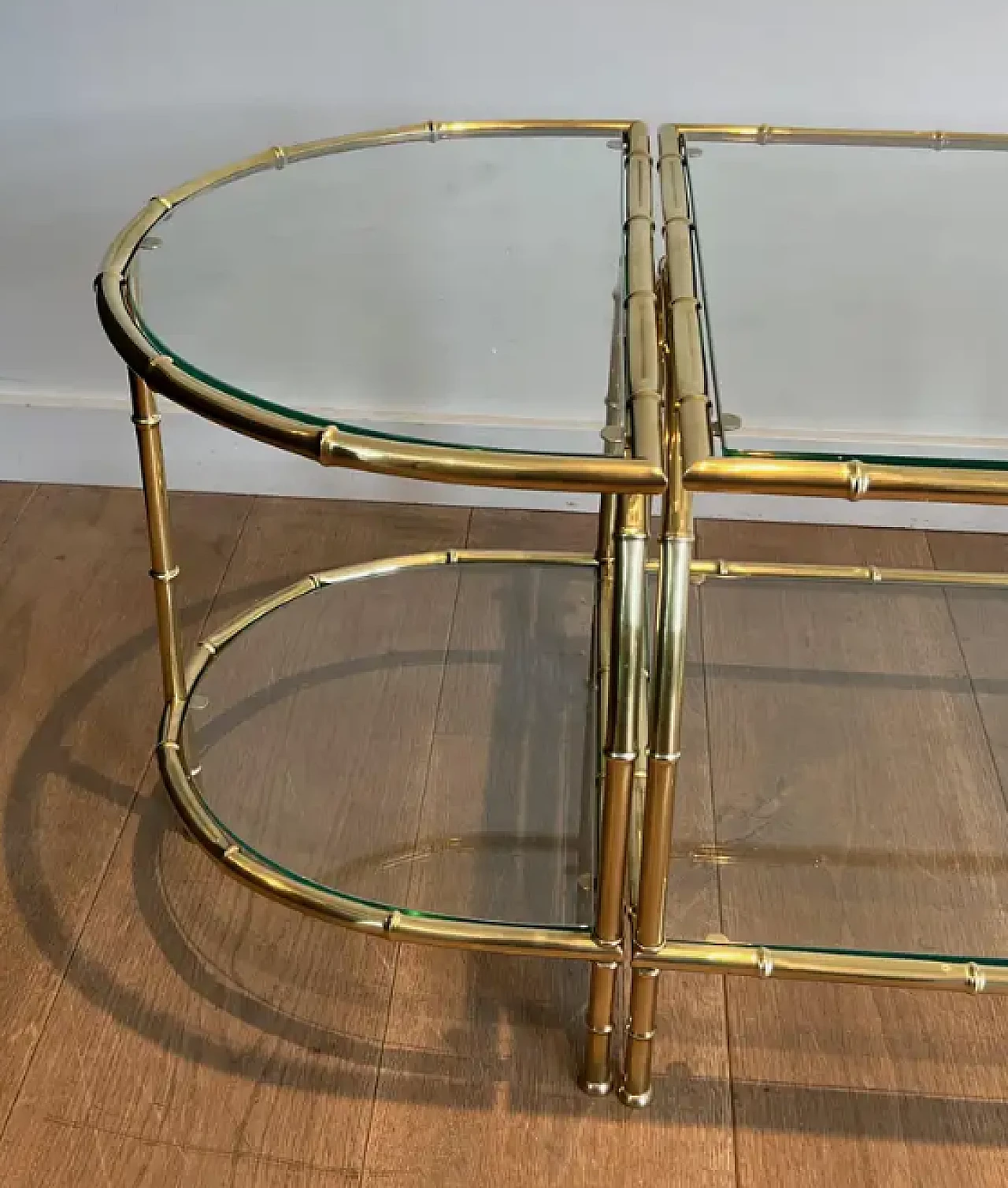 Three-part brass coffee table in imitation bamboo, 1940s 6