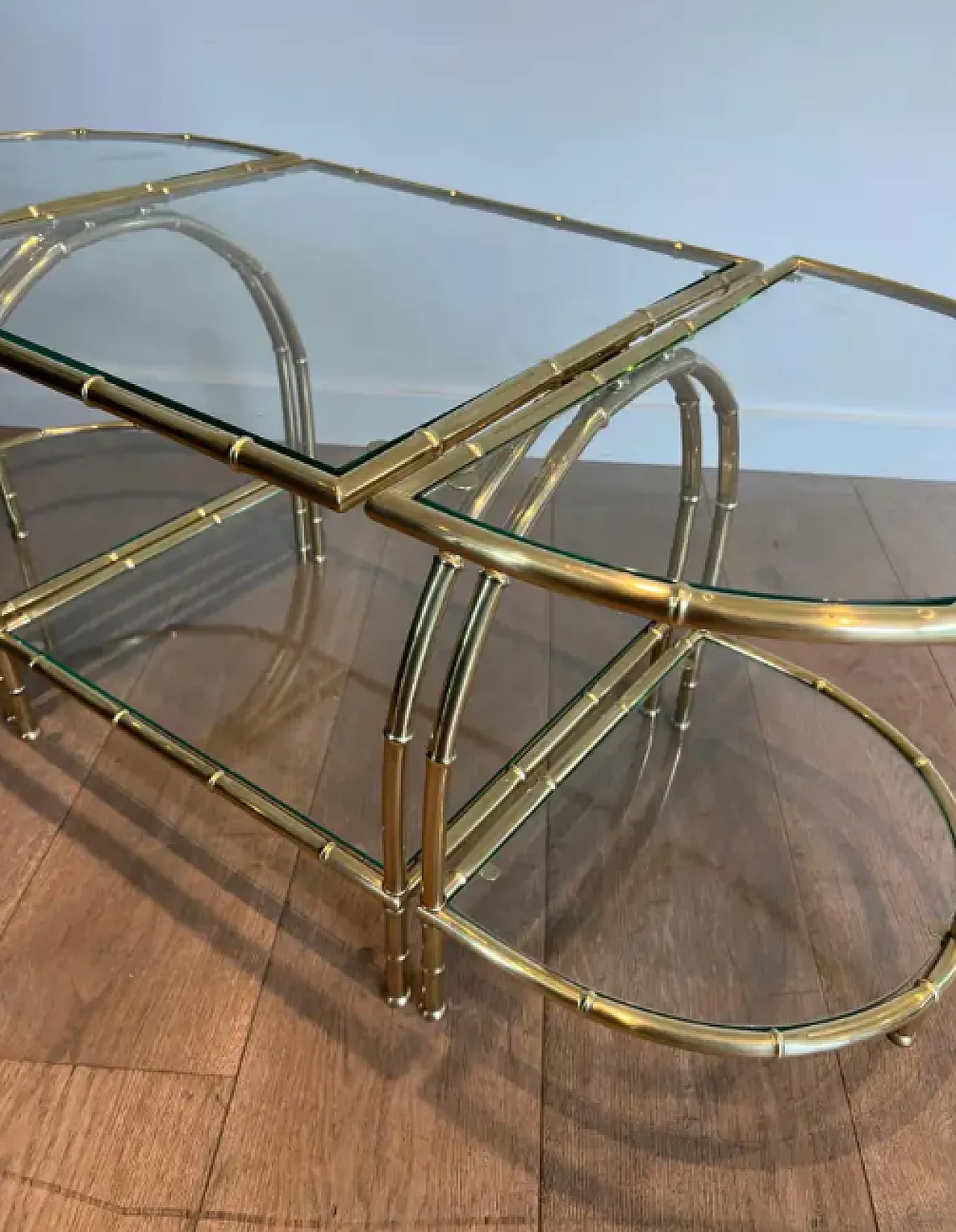 Three-part brass coffee table in imitation bamboo, 1940s 7